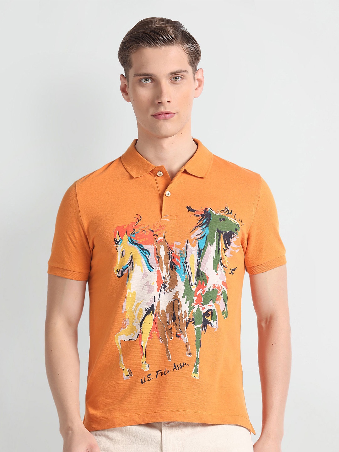 

U.S. Polo Assn. Denim Co. Printed Polo Collar Short Sleeves Cotton Slim Fit T-shirt, Brown