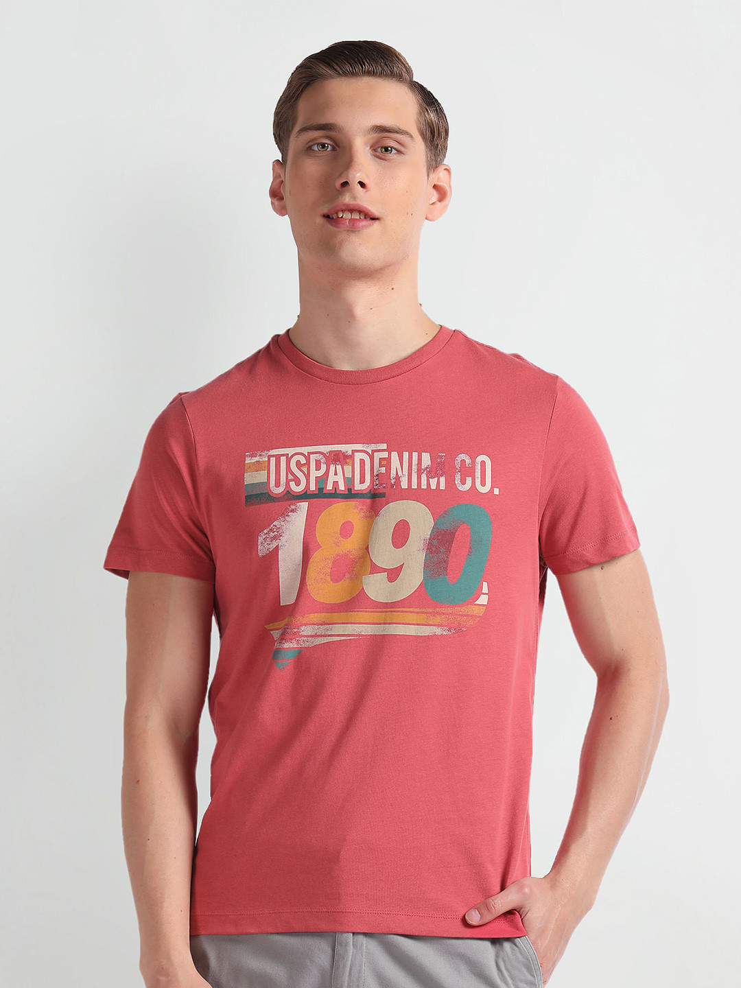 

U.S. Polo Assn. Denim Co. Printed Short Sleeves Round Neck Cotton Slim Fit T-shirt, Pink