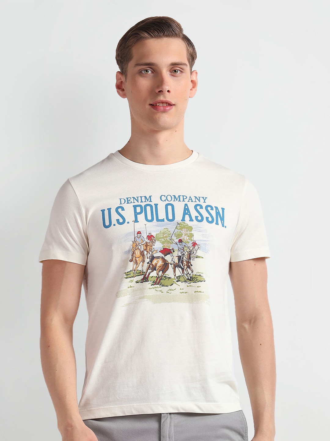 

U.S. Polo Assn. Denim Co. Printed Short Sleeves Round Neck Cotton Slim Fit T-shirt, White