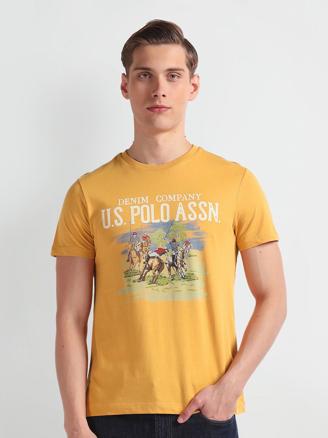 

U.S. Polo Assn. Denim Co. Printed Short Sleeves Round Neck Cotton Slim Fit T-shirt, Yellow