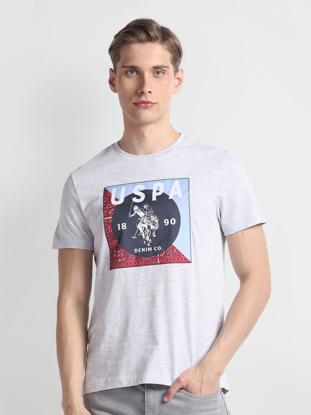 

U.S. Polo Assn. Denim Co. Biker Printed Short Sleeves Round Neck Cotton Slim Fit T-shirt, Grey