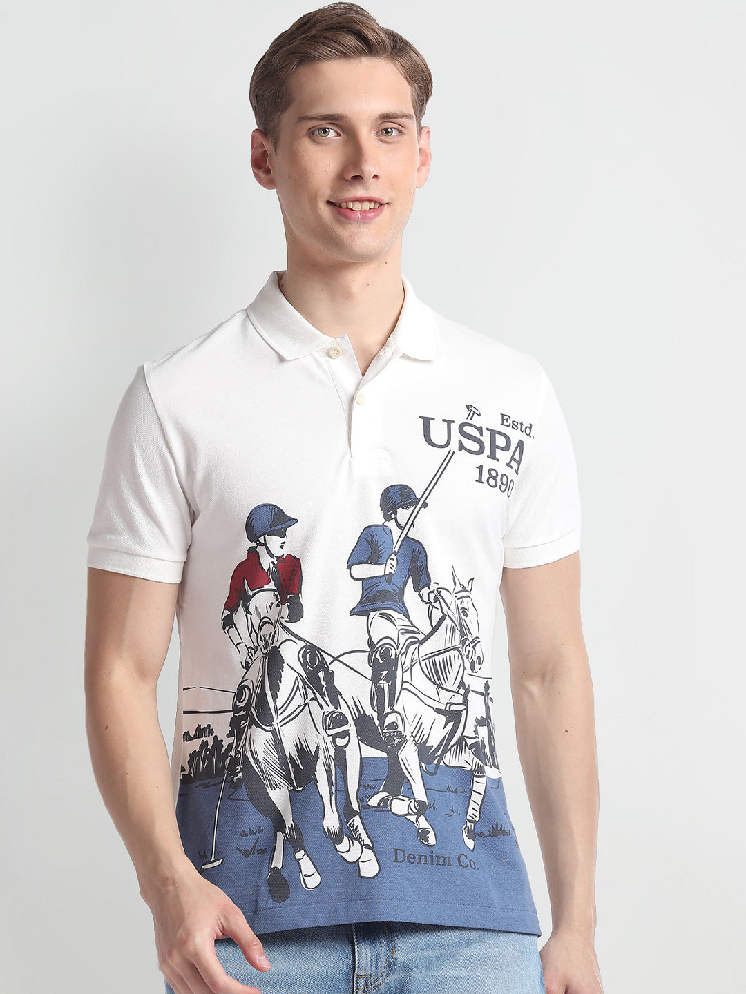 

U.S. Polo Assn. Denim Co. Printed Polo Collar Short Sleeves Cotton Slim Fit T-shirt, White