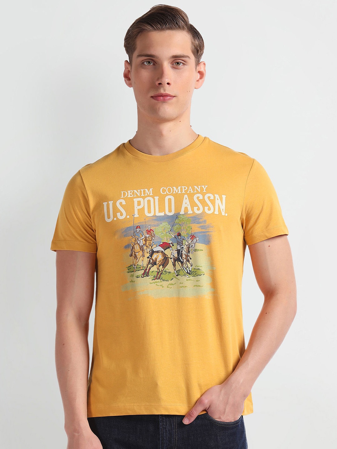 

U.S. Polo Assn. Denim Co. Printed Short Sleeves Round Neck Cotton Slim Fit T-shirt, Yellow