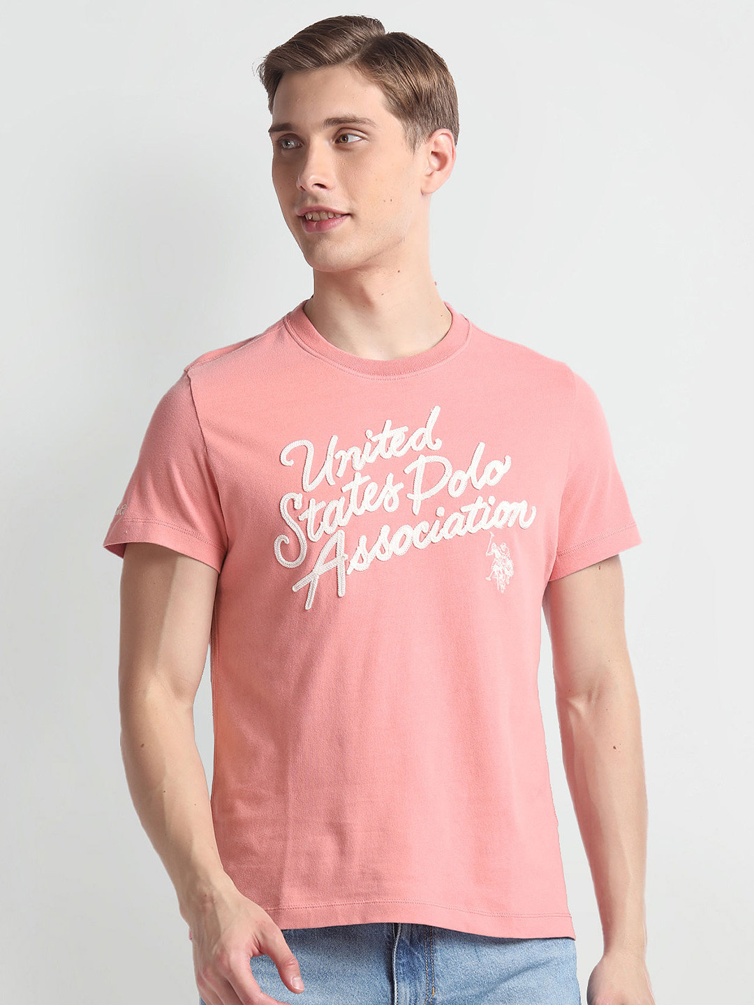 

U.S. Polo Assn. Denim Co. Typography Printed Short Sleeves Round Neck Cotton T-shirt, Pink