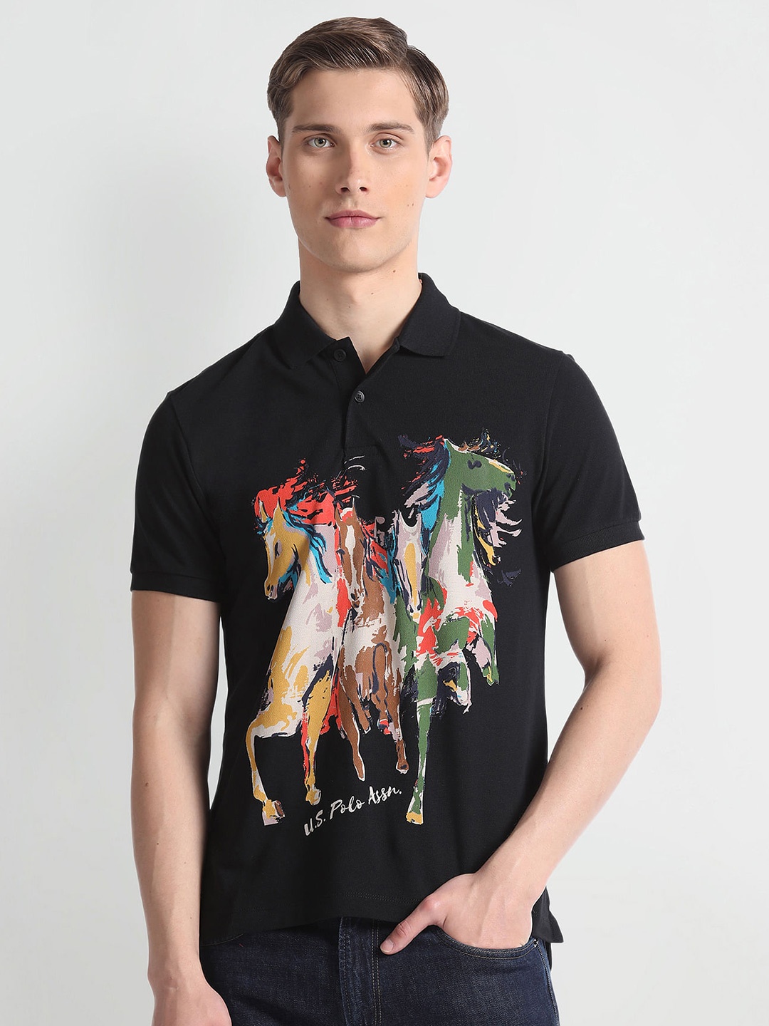 

U.S. Polo Assn. Denim Co. Printed Polo Collar Cotton Slim Fit T-shirt, Black