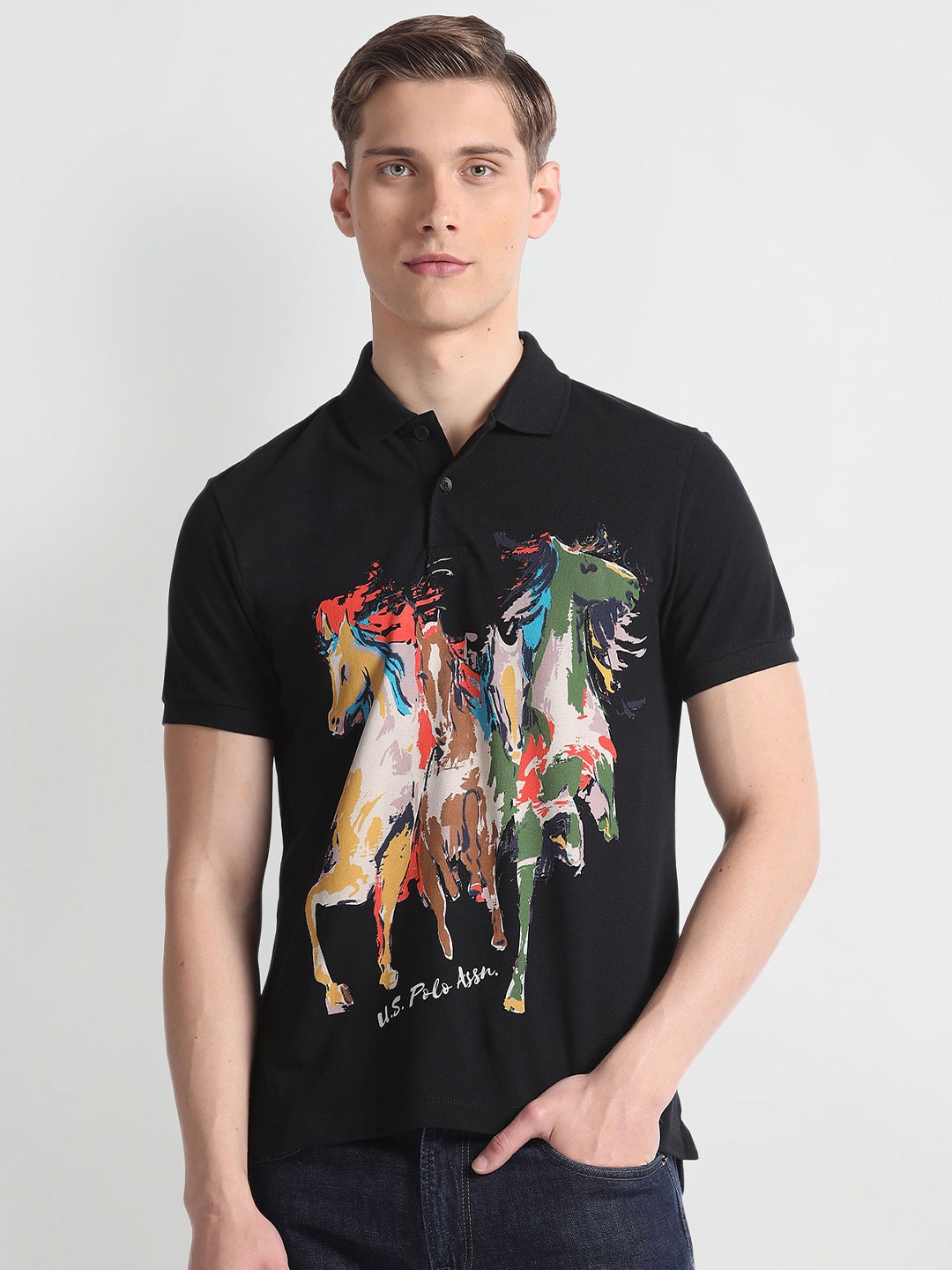 

U.S. Polo Assn. Denim Co. Graphic Printed Polo Collar Cotton Slim Fit T-shirt, Black