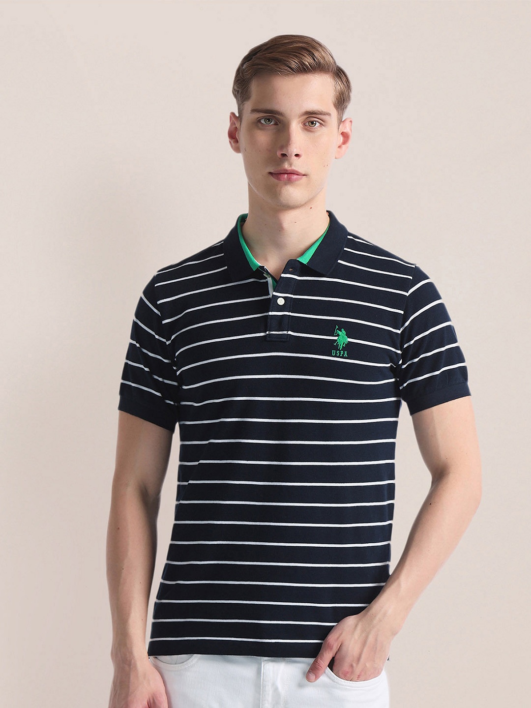 

U.S. Polo Assn. Striped Printed Polo Collar Slim Fit T-shirt, Blue