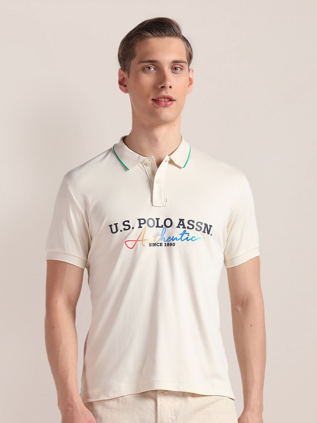 

U.S. Polo Assn. Typography Polo Collar Slim Fit Cotton T-shirt, Beige