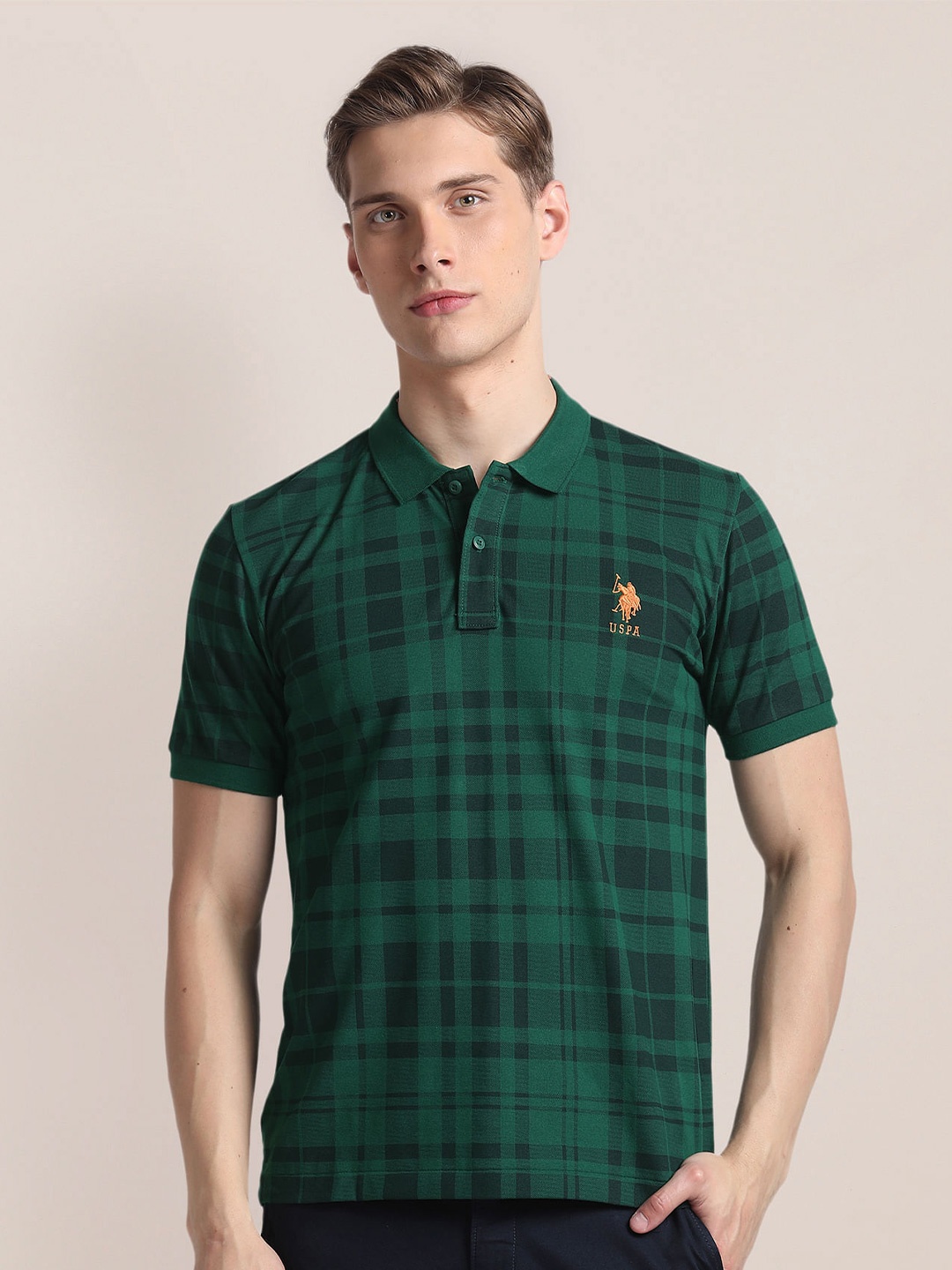 

U.S. Polo Assn. Striped Polo Collar Short Sleeves Slim Fit T-shirt, Green