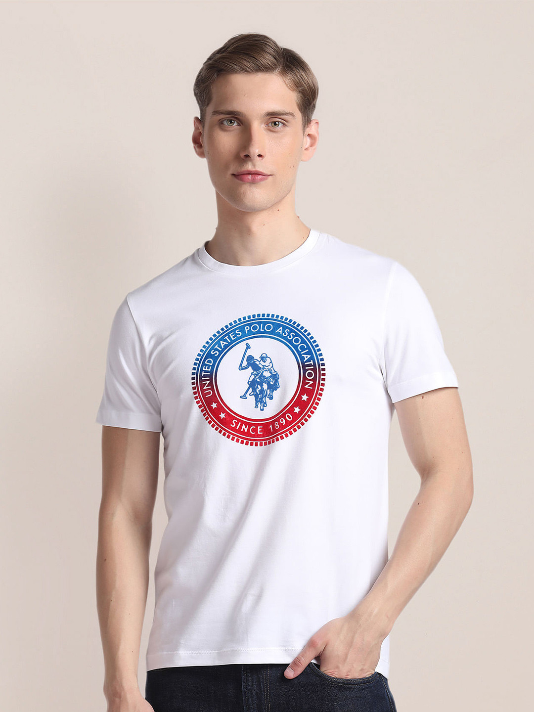 

U.S. Polo Assn. Printed Round neck Cotton Slim Fit T-shirt, White