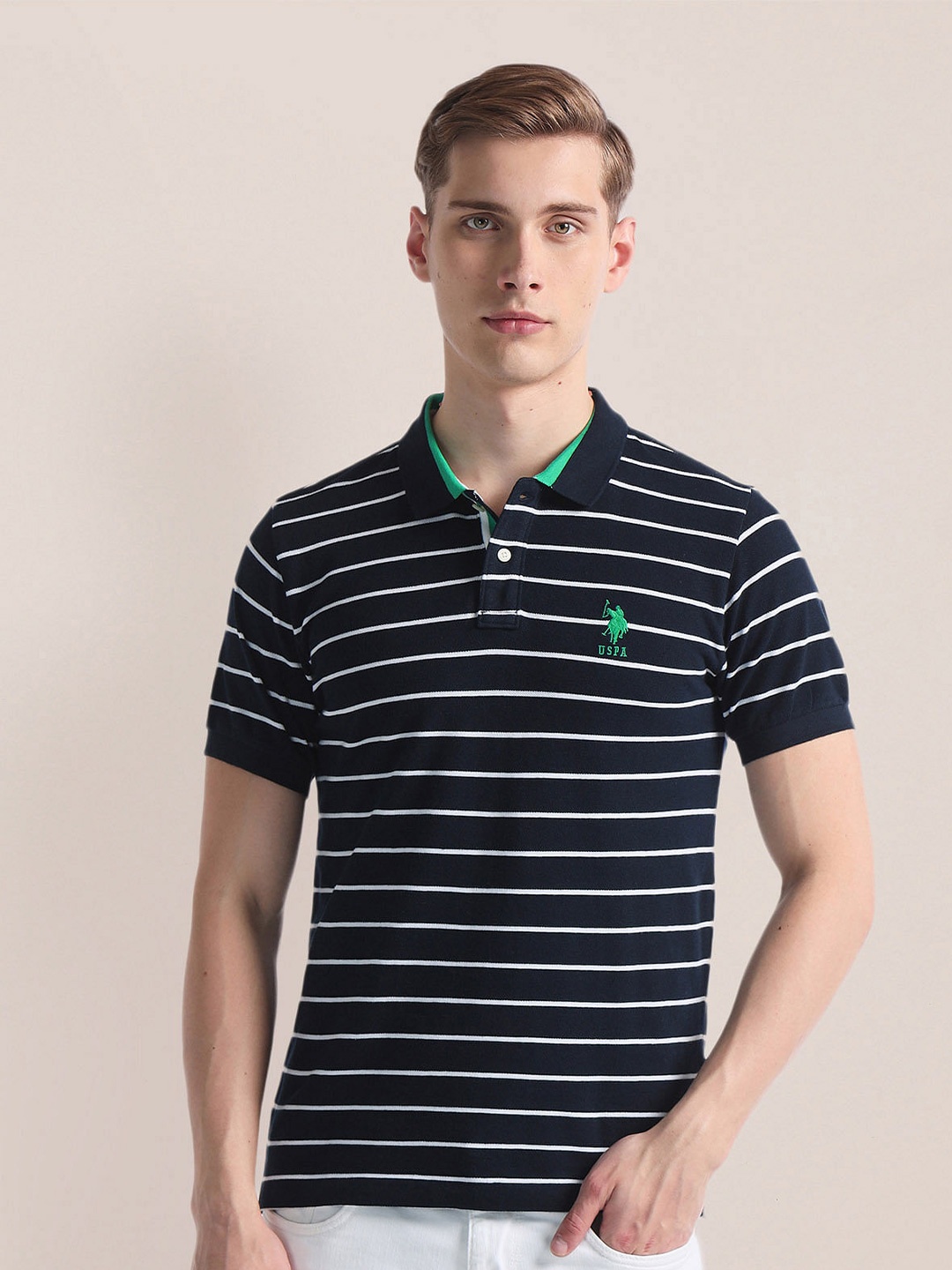 

U.S. Polo Assn. Striped Polo Collar Cotton Slim Fit T-shirt, Blue