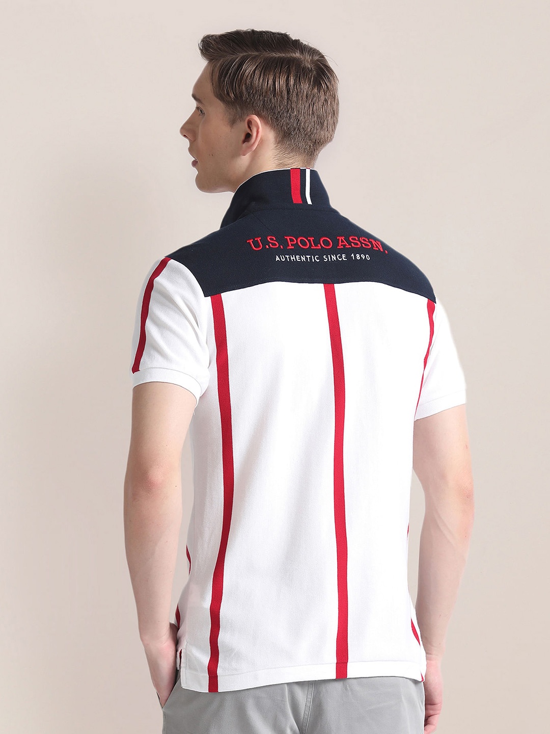 

U.S. Polo Assn. Vertical Striped Polo Collar Pure Cotton Slim Fit T-shirt, White