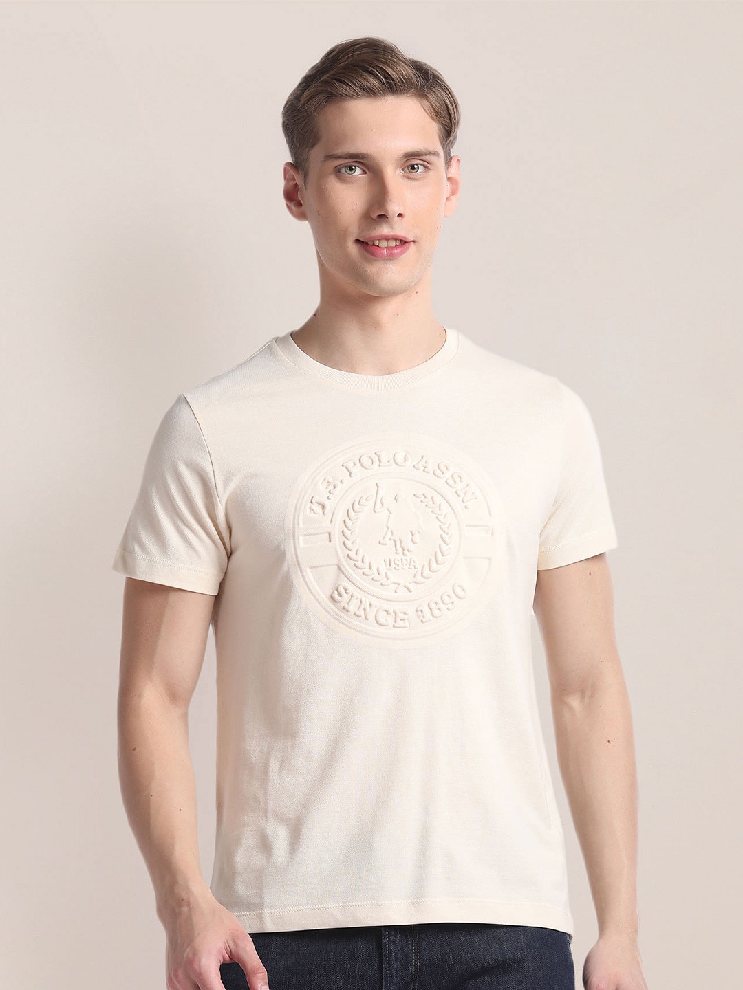 

U.S. Polo Assn. Typography Embossed Round Neck Slim Fit T-shirt, Beige