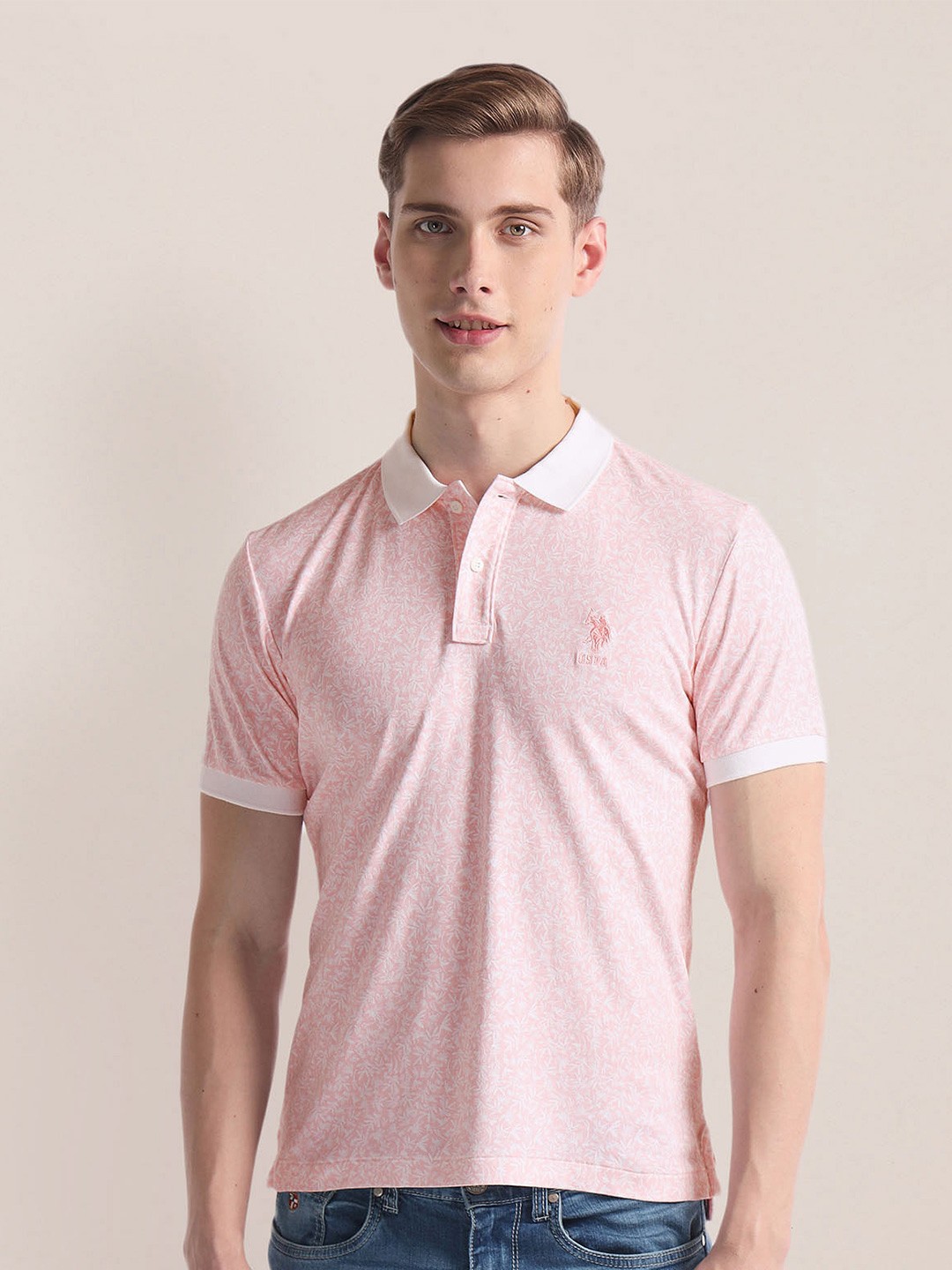

U.S. Polo Assn. Floral Printed Polo Collar Slim Fit T-shirt, Pink