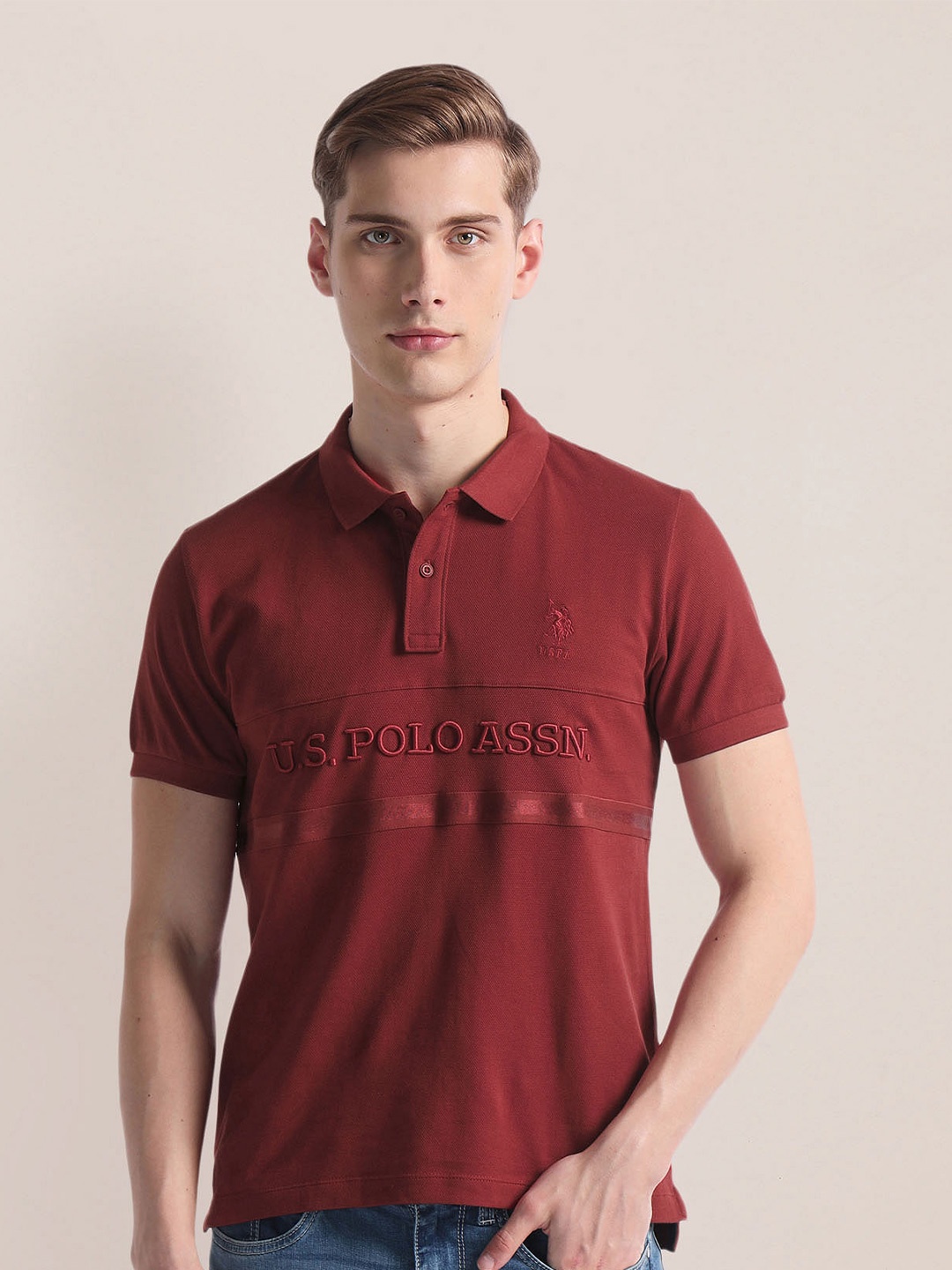 

U.S. Polo Assn. Typography Embroidered Polo Collar Slim Fit T-shirt, Red