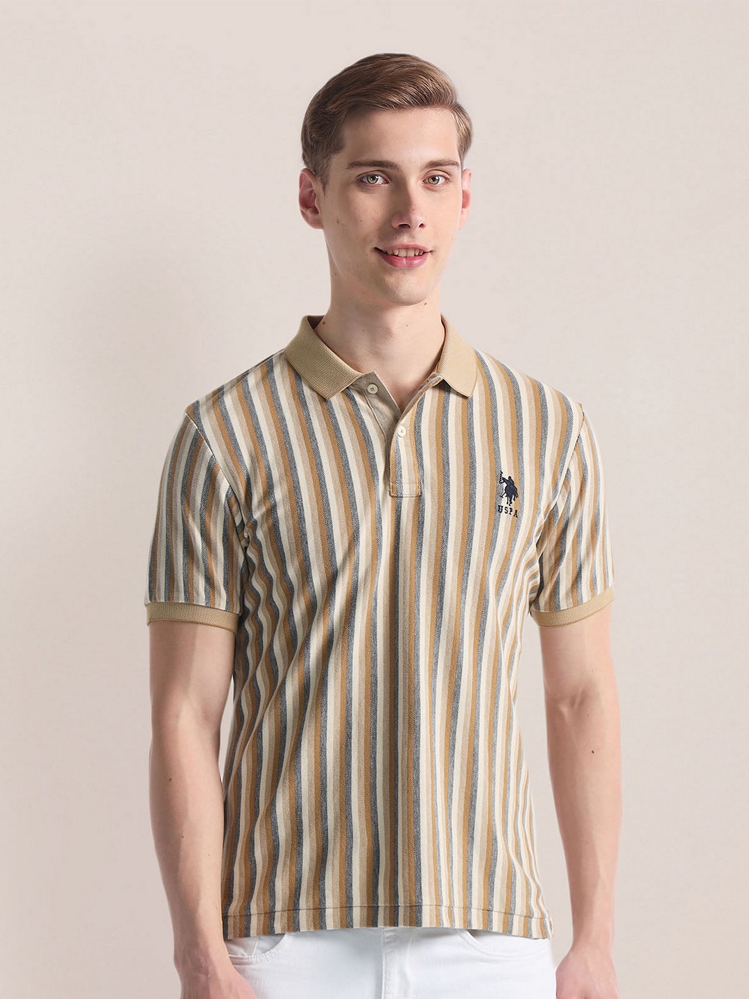 

U.S. Polo Assn. Vertical Striped Polo Collar Slim Fit T-shirt, Beige