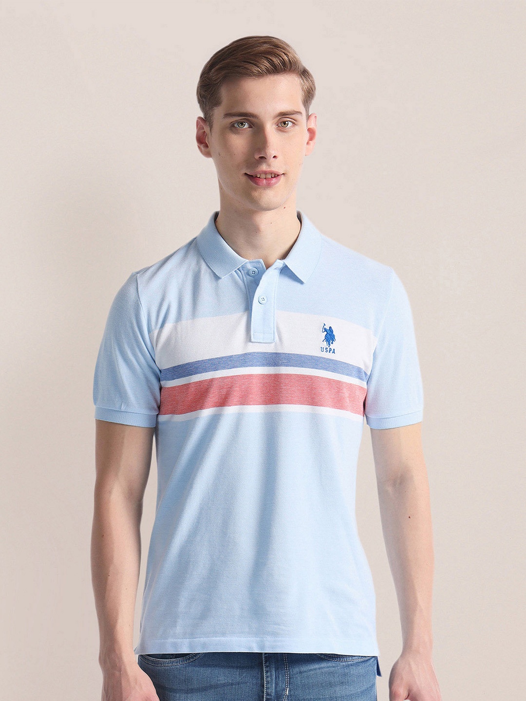 

U.S. Polo Assn. Striped Polo Collar Short Sleeves Slim Fit T-shirt, Blue