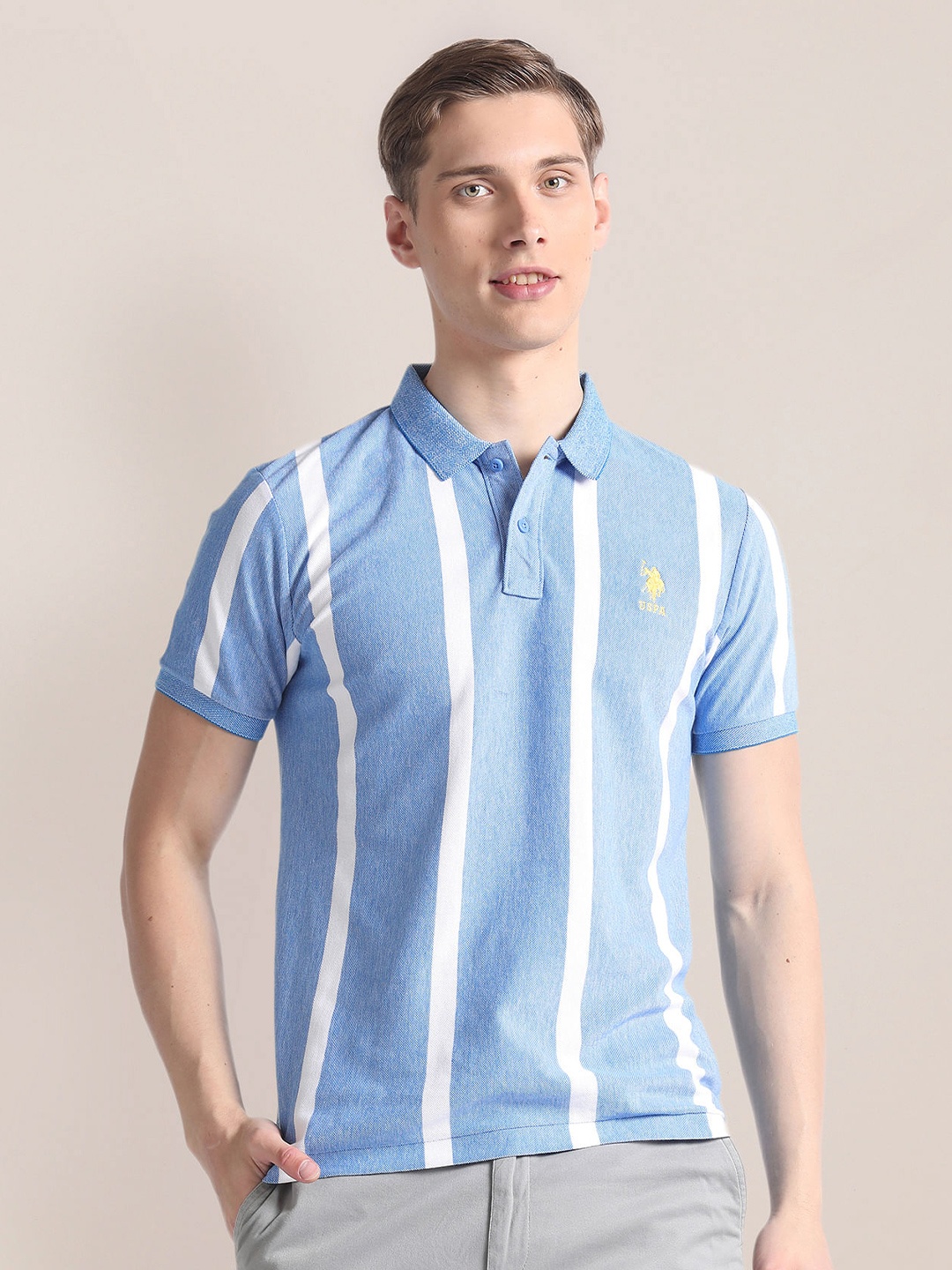 

U.S. Polo Assn. Vertical Striped Polo Collar Pure Cotton Slim Fit T-shirt, Blue