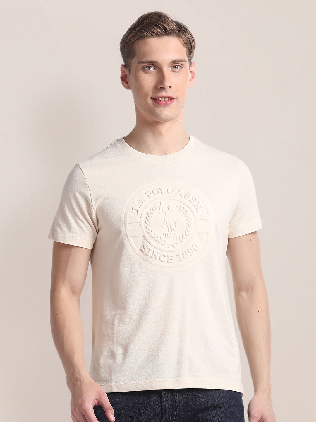 U.S. Polo Assn. Typography Printed Round Neck Short Sleeves Slim Fit T-shirt, Beige