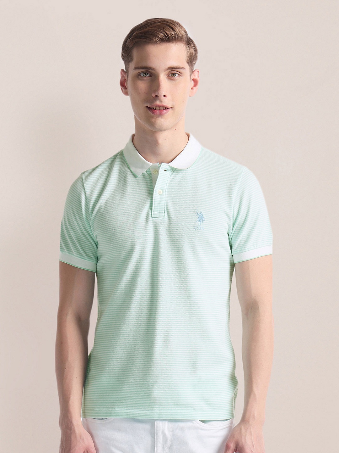 

U.S. Polo Assn. Striped Printed Polo Collar Slim Fit T-shirt, Green