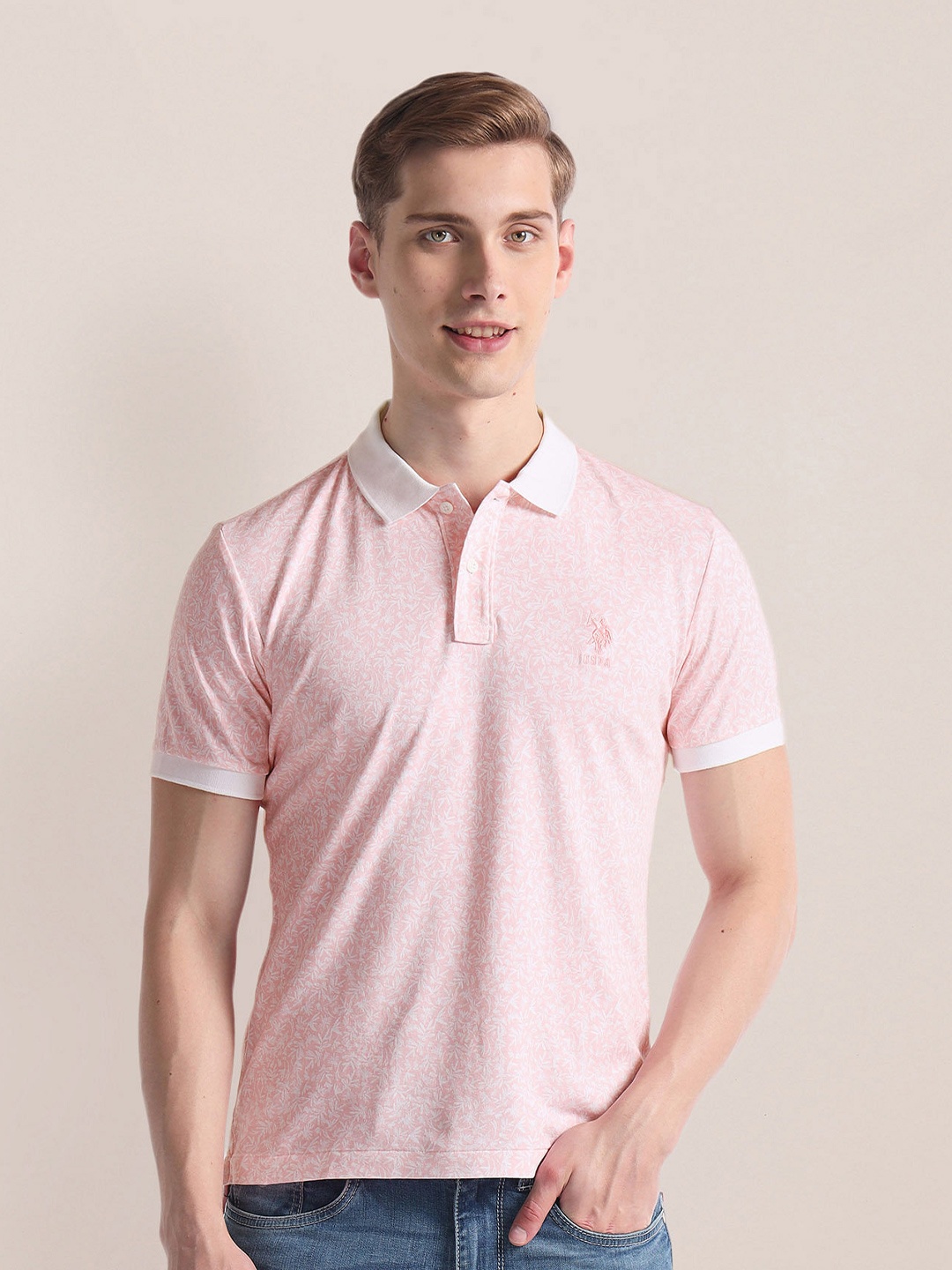 

U.S. Polo Assn. Floral Printed Polo Collar Slim Fit T-shirt, Pink