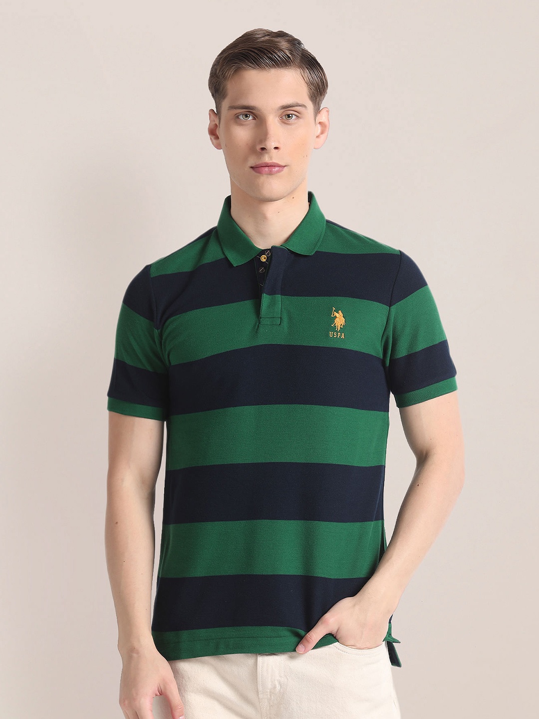 

U.S. Polo Assn. Striped Printed Polo Collar Pure Cotton Slim Fit T-shirt, Green