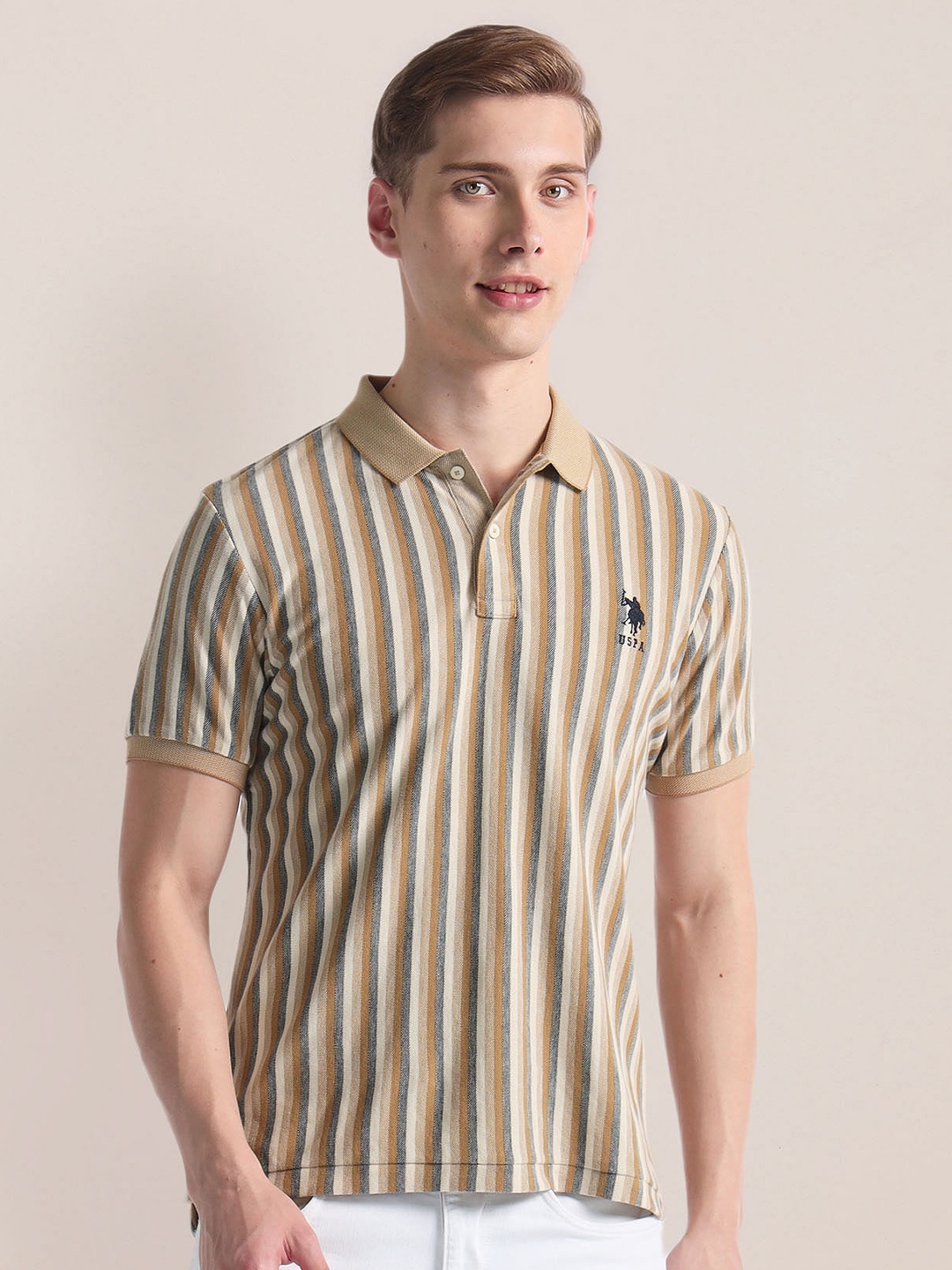 

U.S. Polo Assn. Striped Polo Collar Short Sleeves Slim Fit T-shirt, Beige