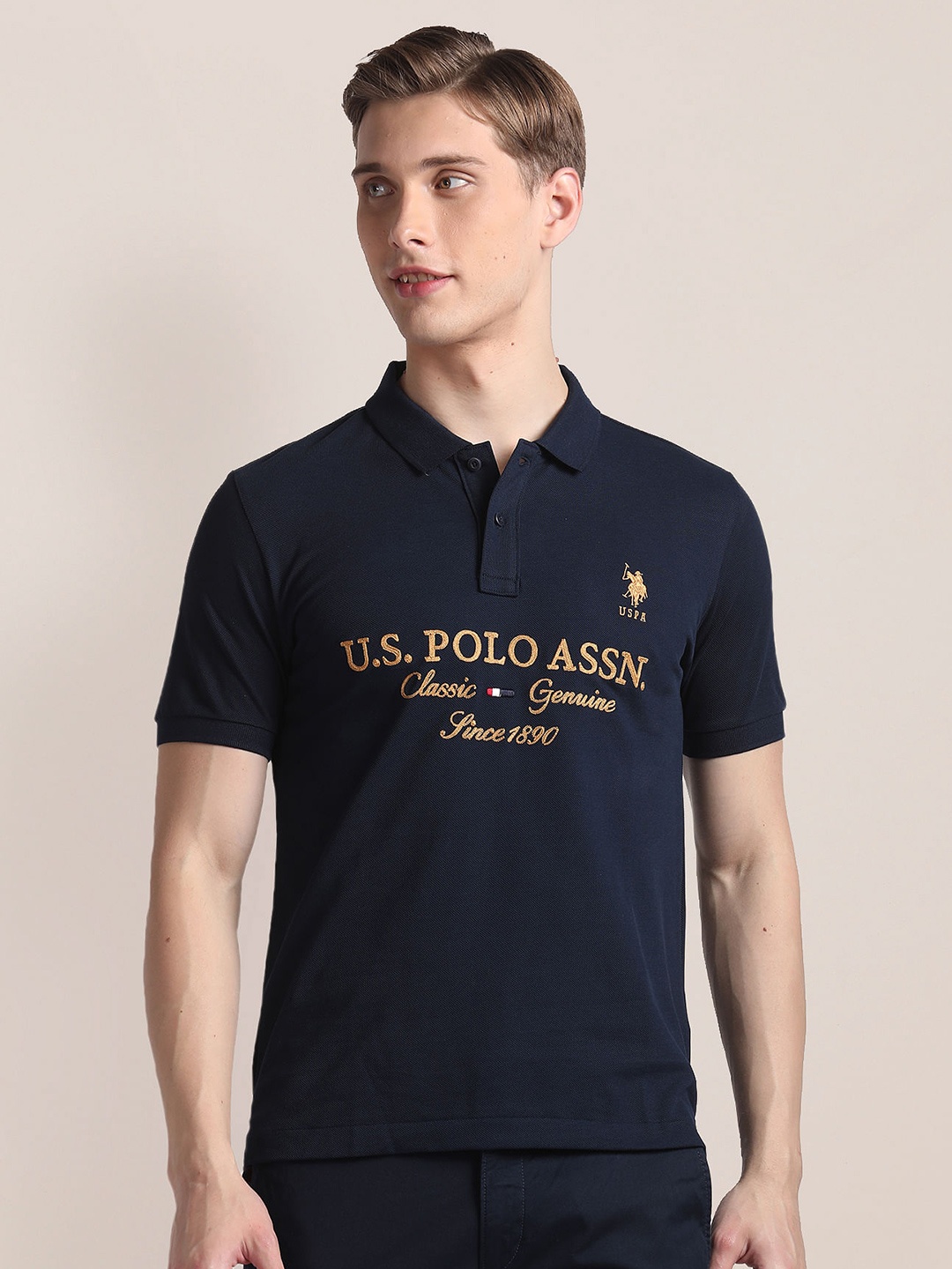 

U.S. Polo Assn. Typography Embroidered Polo Collar Slim Fit T-shirt, Navy blue