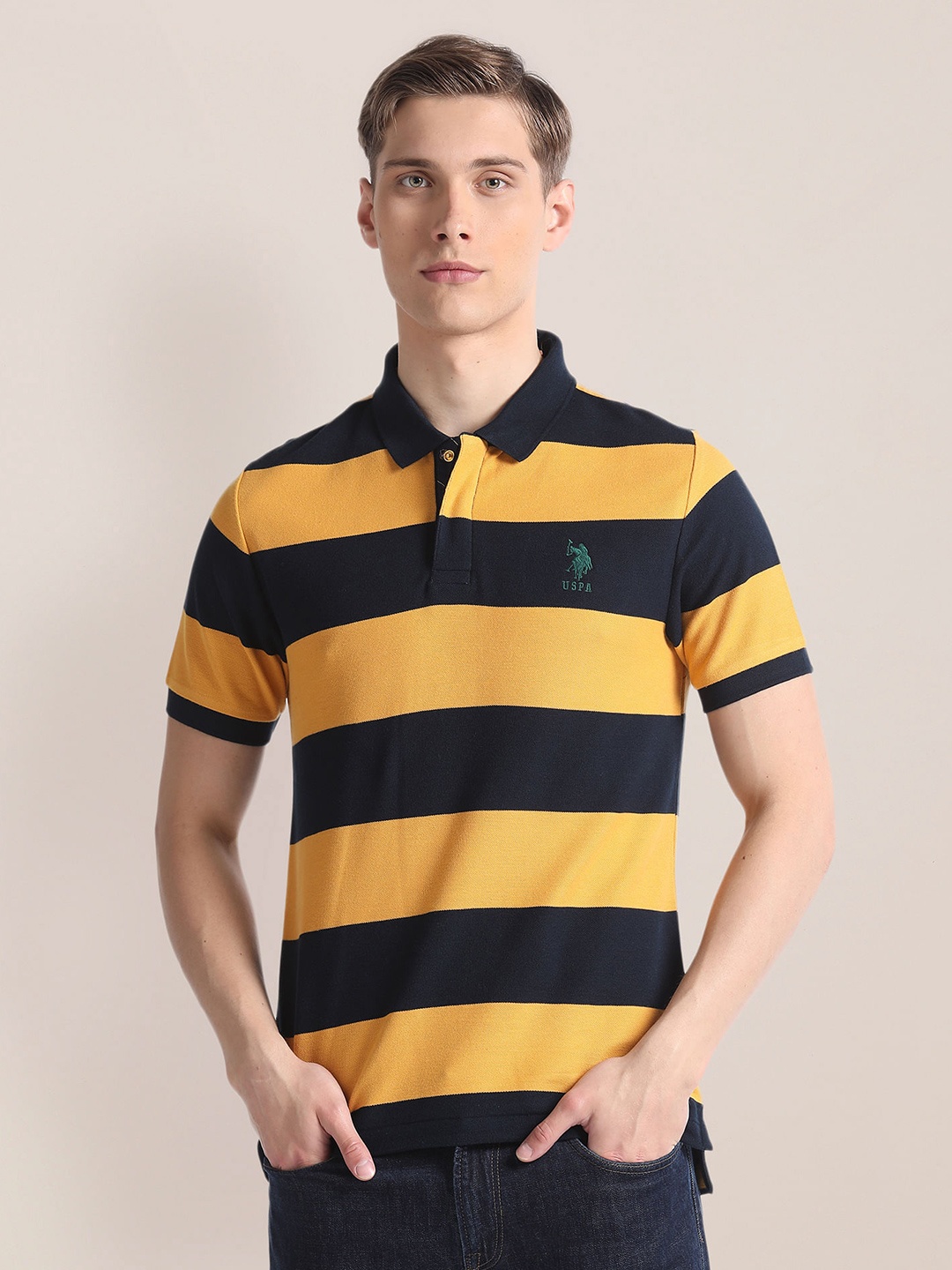 

U.S. Polo Assn. Striped Printed Polo Collar Pure Cotton Slim Fit T-shirt, Yellow