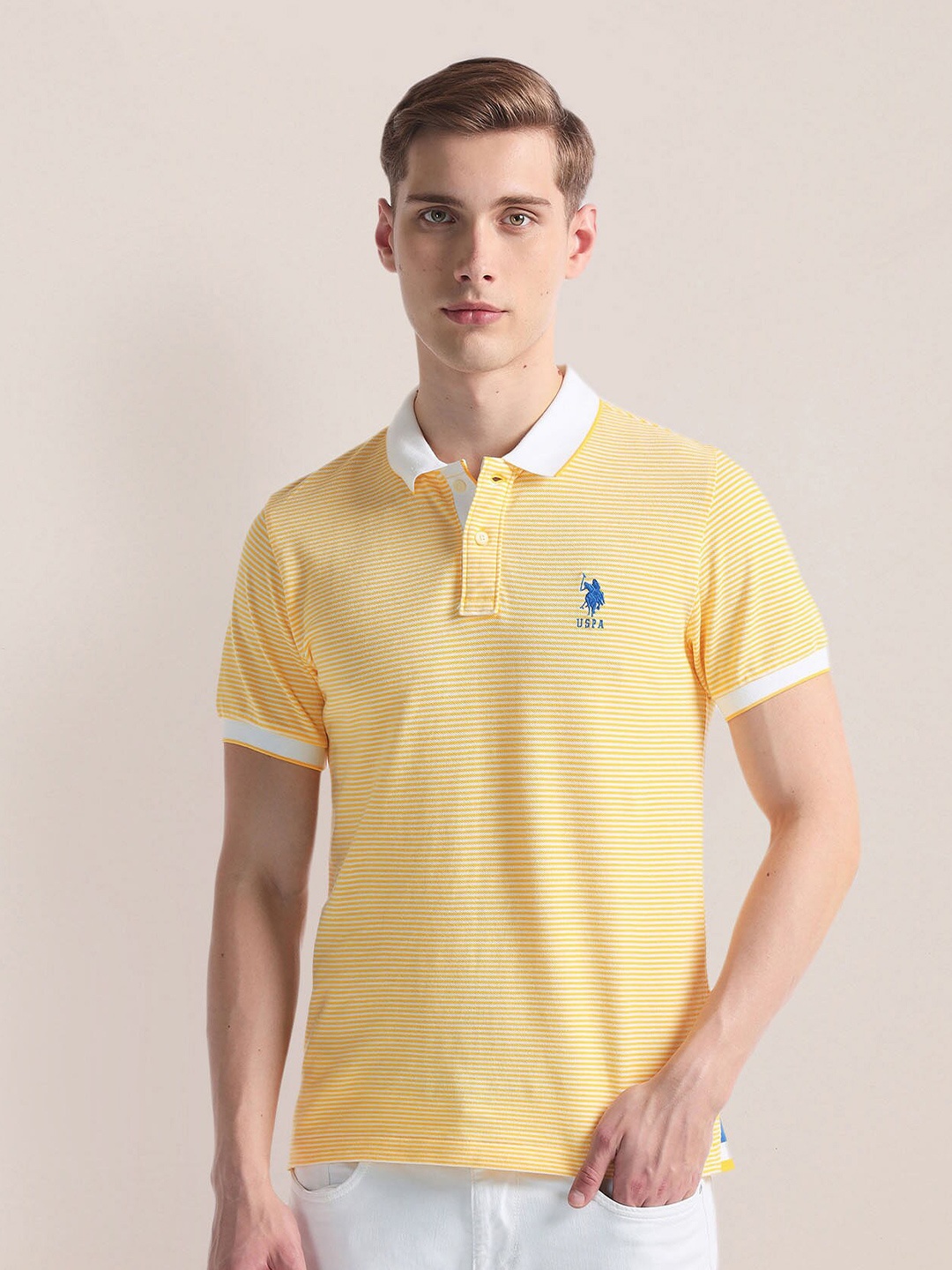 

U.S. Polo Assn. Striped Printed Polo Collar Slim Fit T-shirt, Yellow