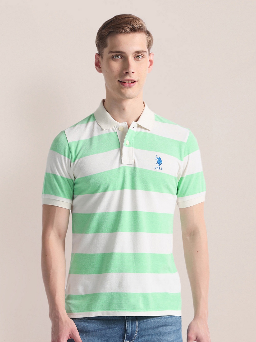 

U.S. Polo Assn. Striped Polo Collar Short Sleeves Slim Fit T-shirt, Green
