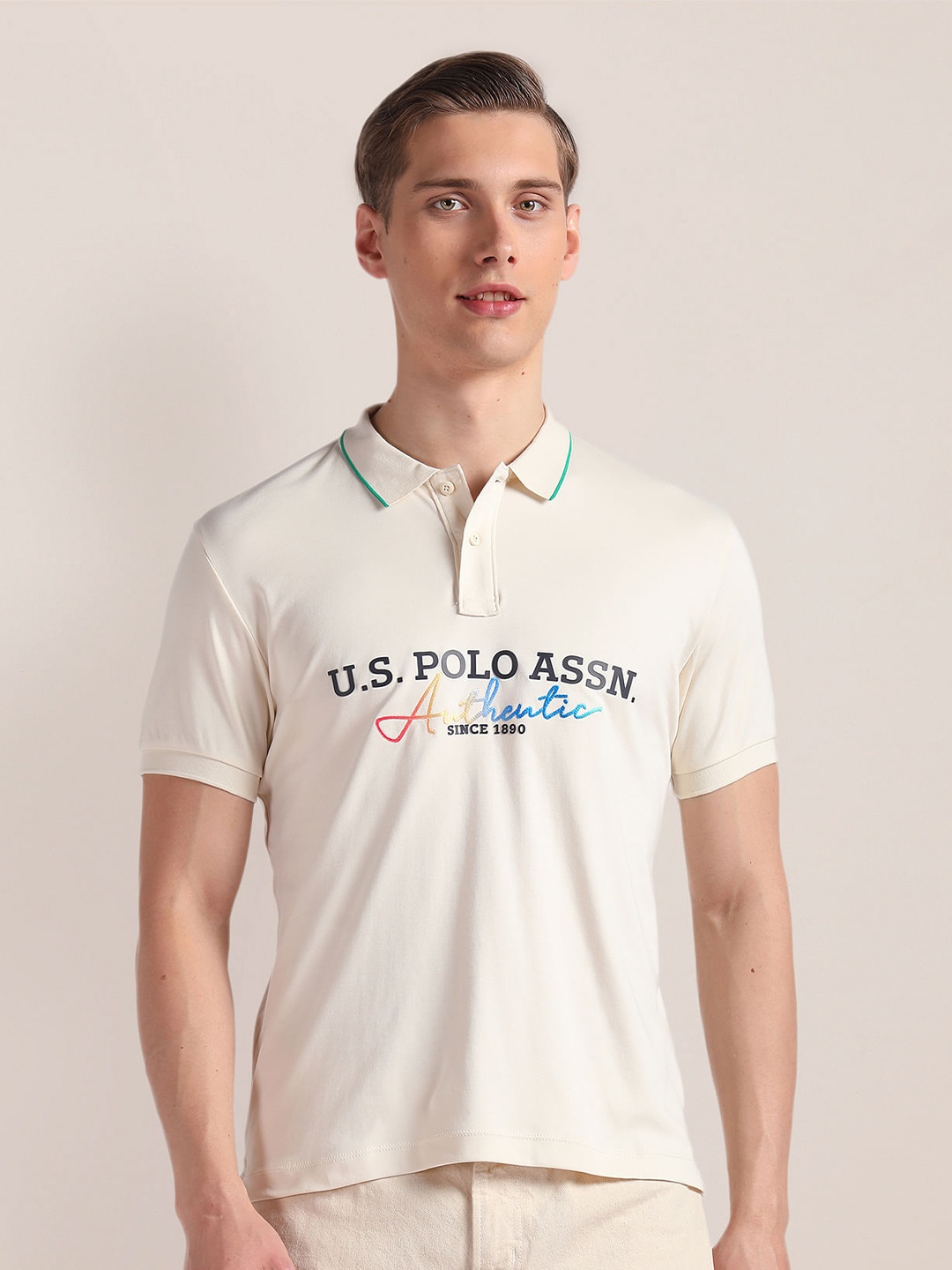 

U.S. Polo Assn. Typography Printed Polo Collar Pure Cotton Slim Fit T-shirt, Beige