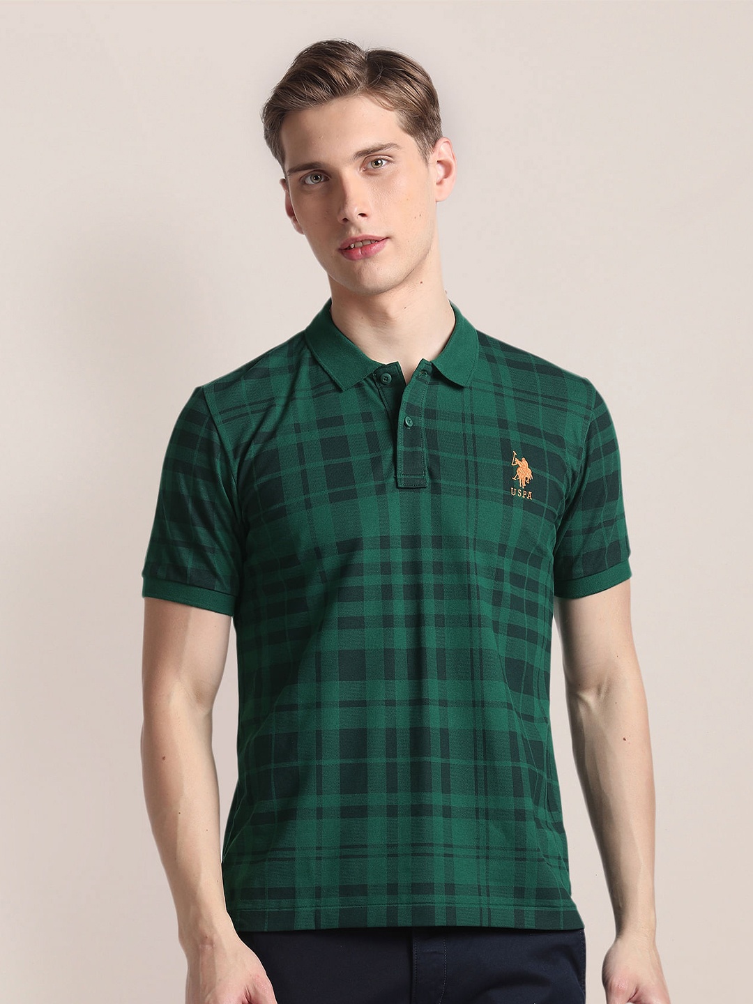 

U.S. Polo Assn. Check Pique Printed Polo Collar Slim Fit T-shirt, Green