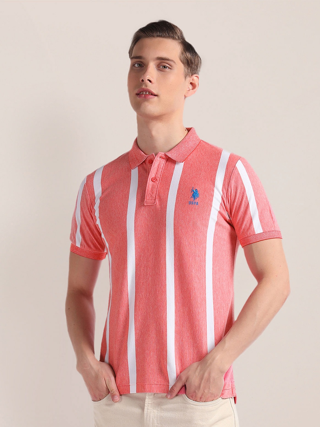 

U.S. Polo Assn. Striped Polo Collar Short Sleeves Slim Fit Cotton T-shirt, Red