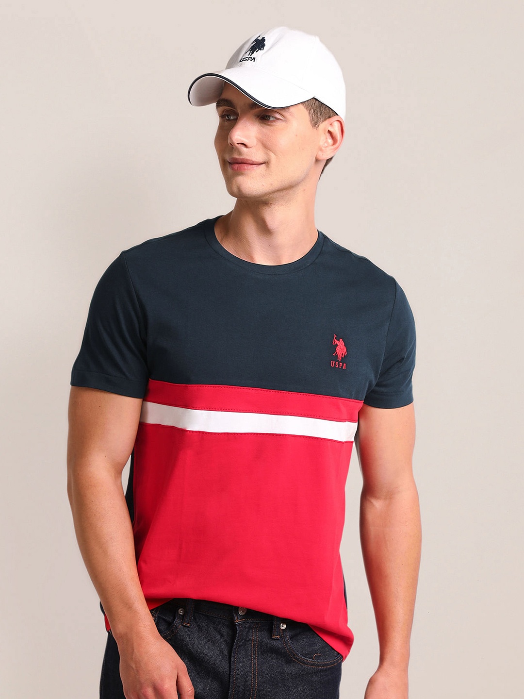 

U.S. Polo Assn. Colourblocked Crew Neck Slim Fit T-shirt, Blue