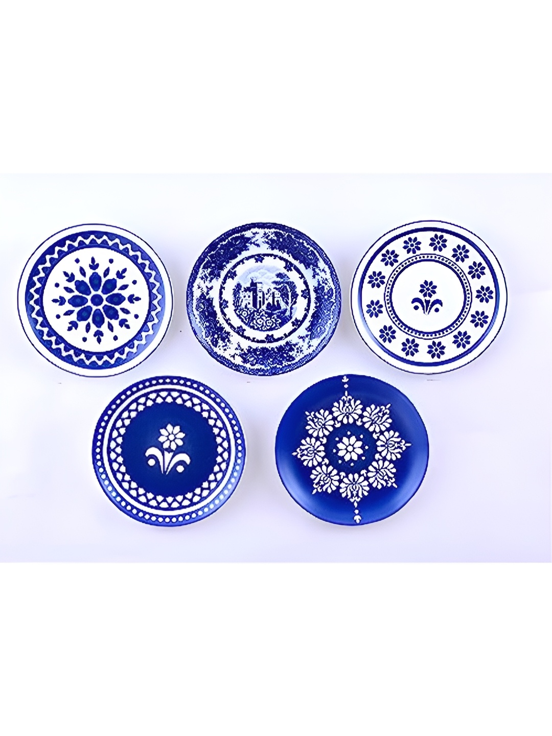 

REAL ART White & Blue 5 Pieces Floral Painted Ceramic Hanging Wall Plates