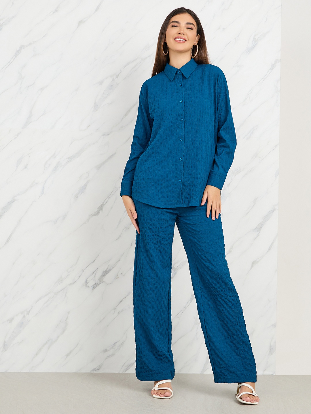 

Styli Women Oversized Textured Button Front Shirt & Pants Co-Ords, Navy blue