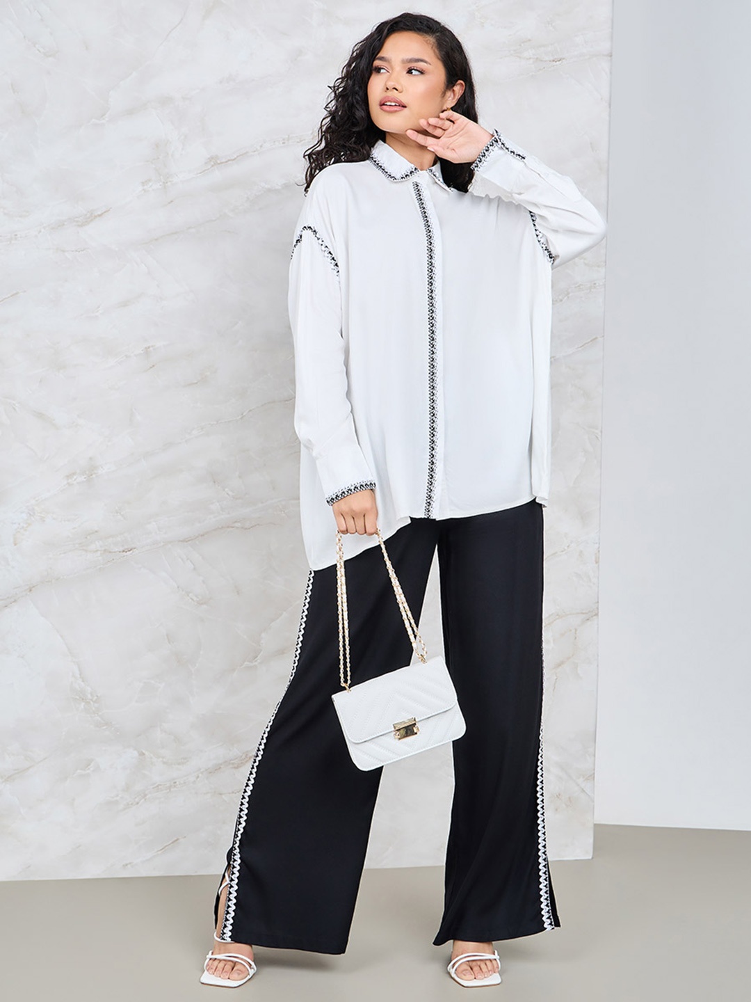 Styli Oversized Contrast Stitch Detail Drop Shoulder Shirt & Wide Leg Pants, Off white