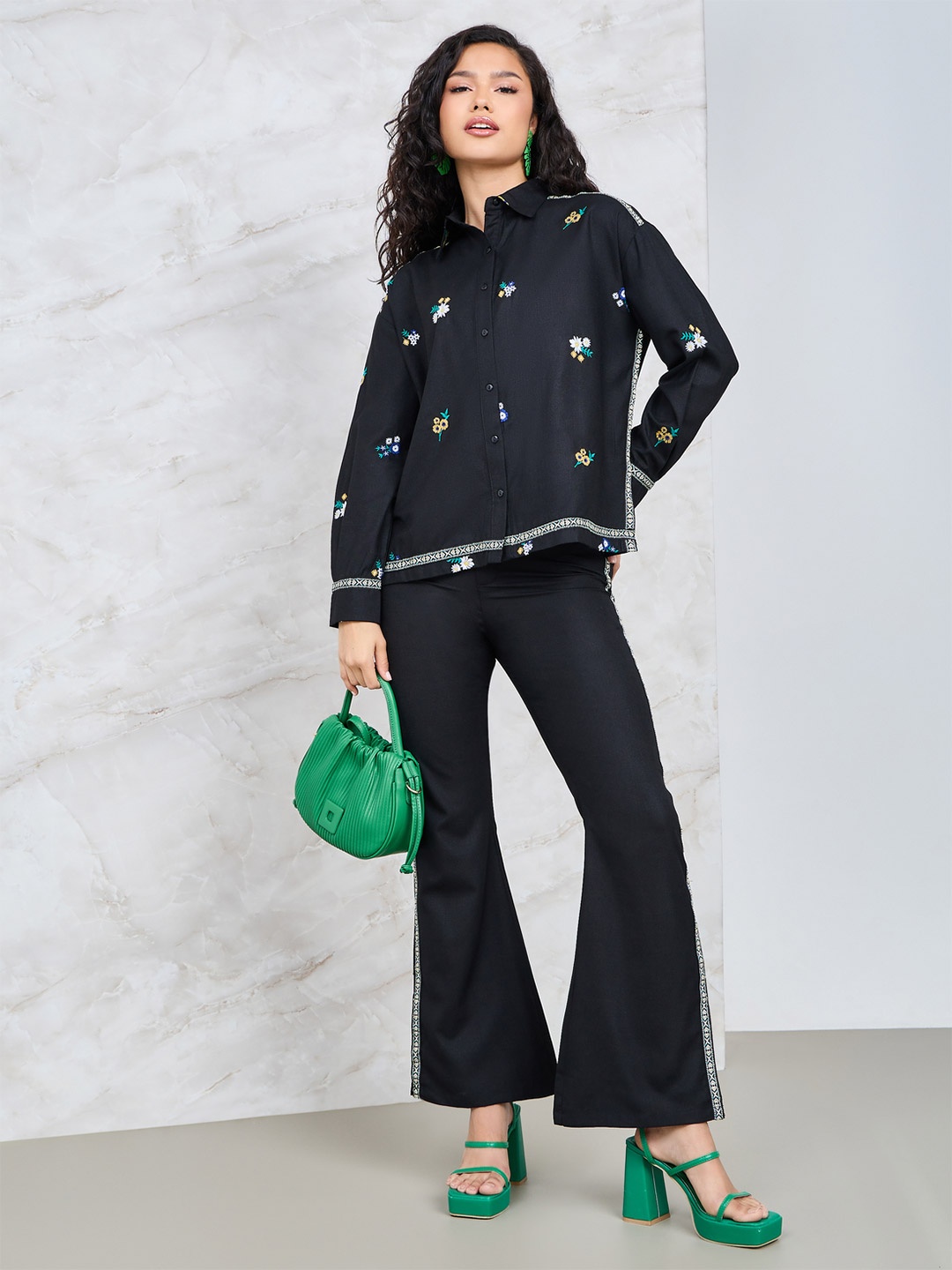 

Styli Women All Over Floral Embroidered Shirt & Flared Pants Co-Ord, Black