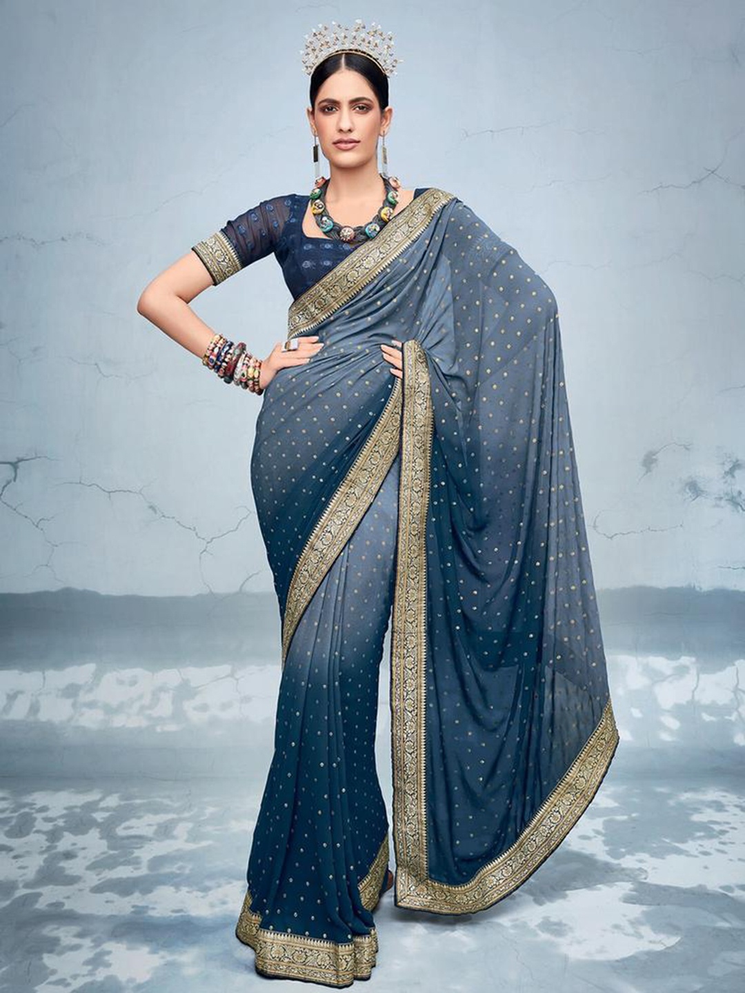 

Jinal & Jinal Ombre Printed Zari Saree, Grey