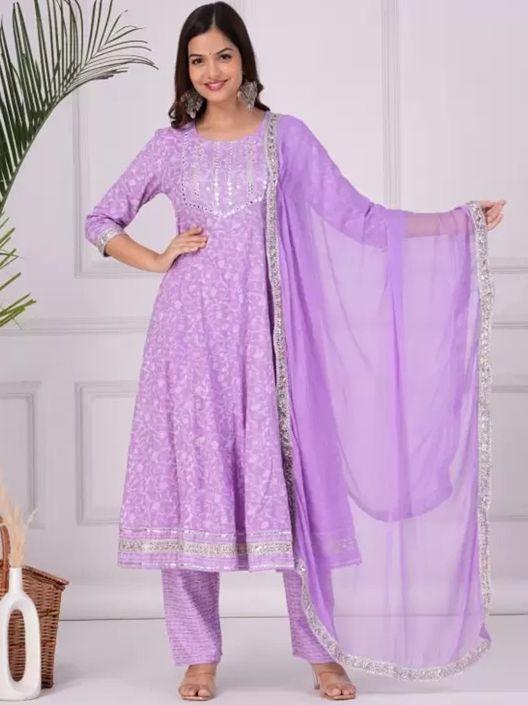 

ORUVAN Floral Embroidered Mirror Work Kurta with Trousers & Dupatta, Lavender
