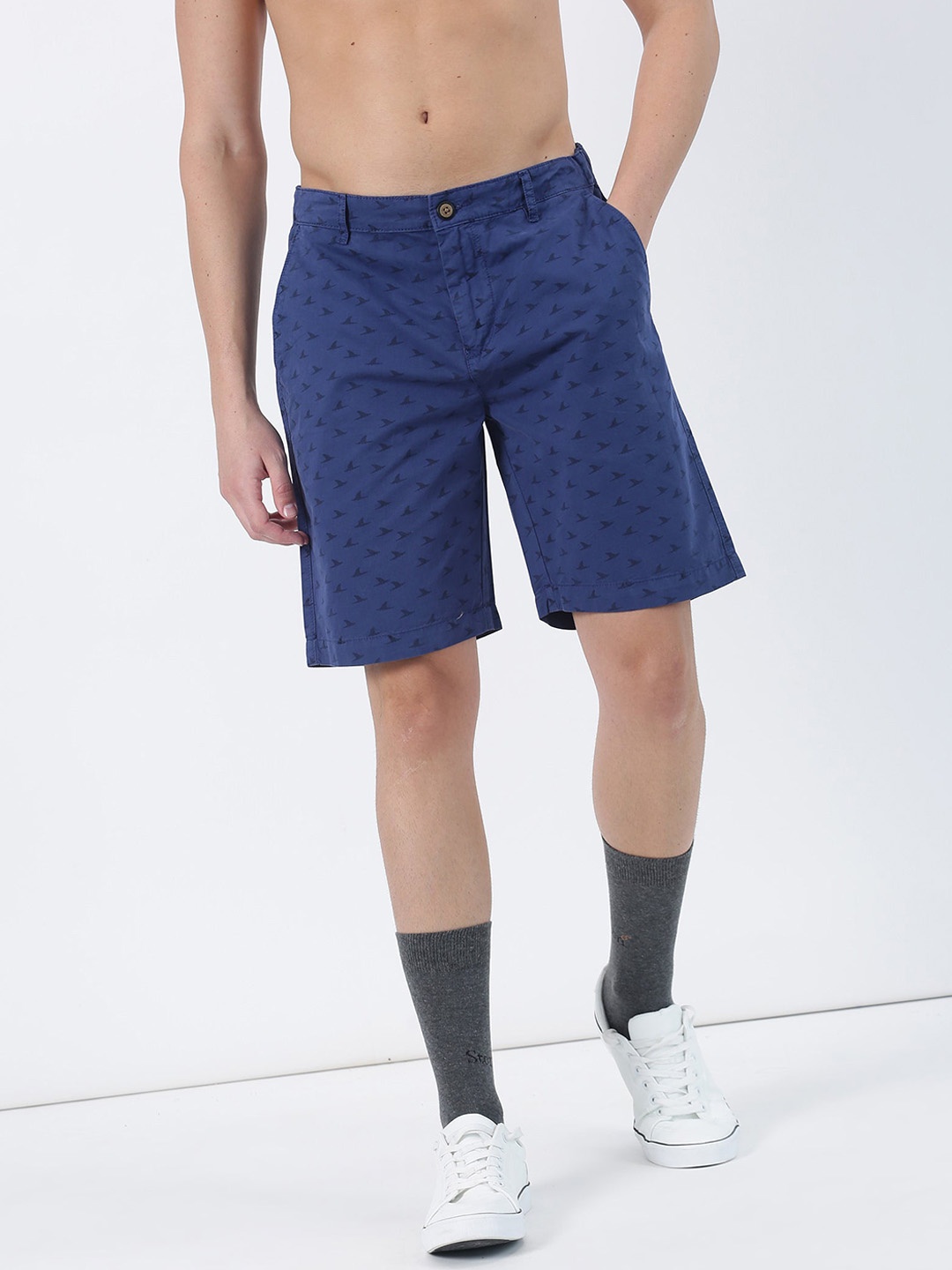 

Red Flame Men Geometric Printed Mid-Rise Pure Cotton Shorts, Blue