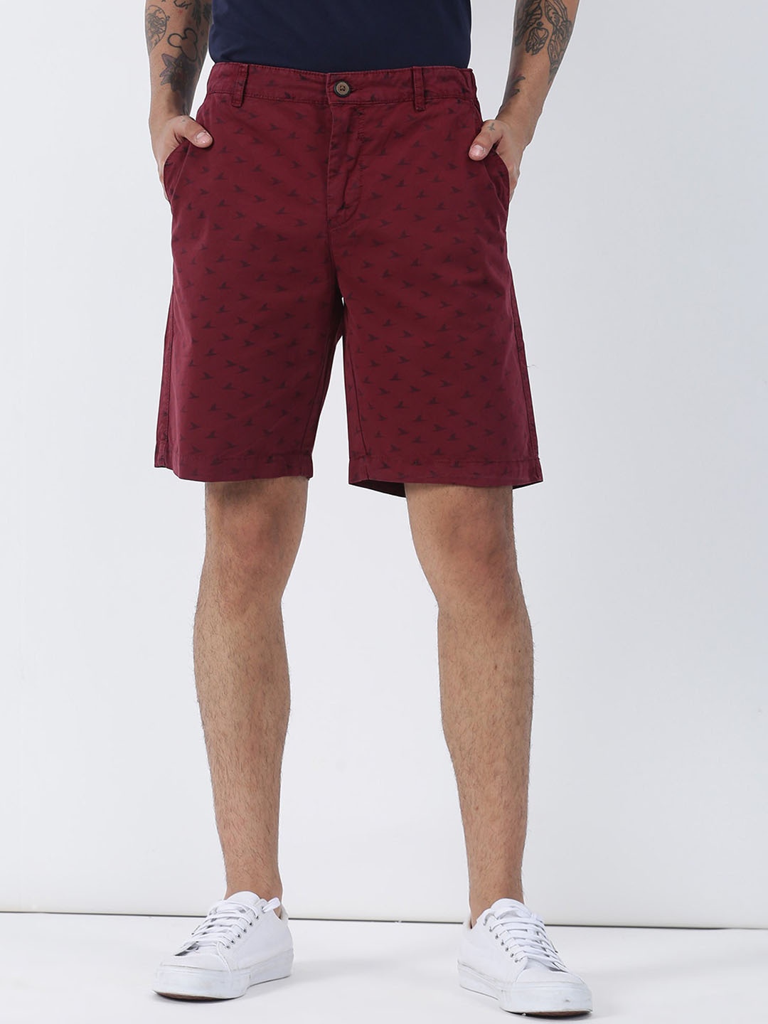 Red Flame Men Geometric Printed Mid-Rise Pure Cotton Shorts, Maroon
