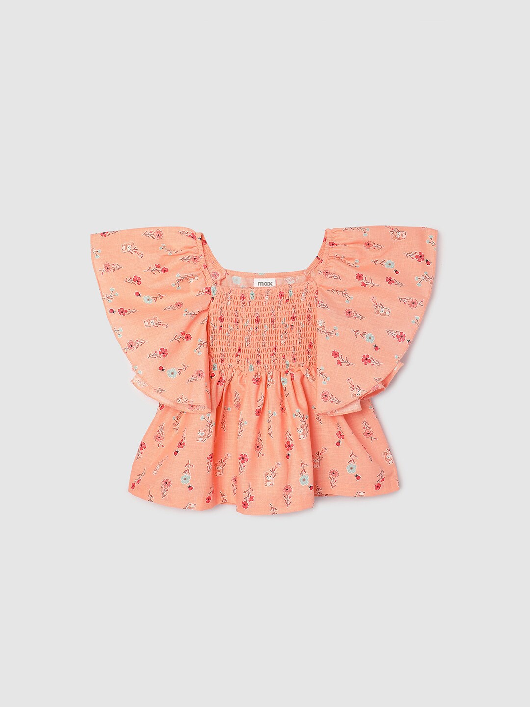 

max Girls Floral Printed Flared Sleeves Cotton Top, Peach