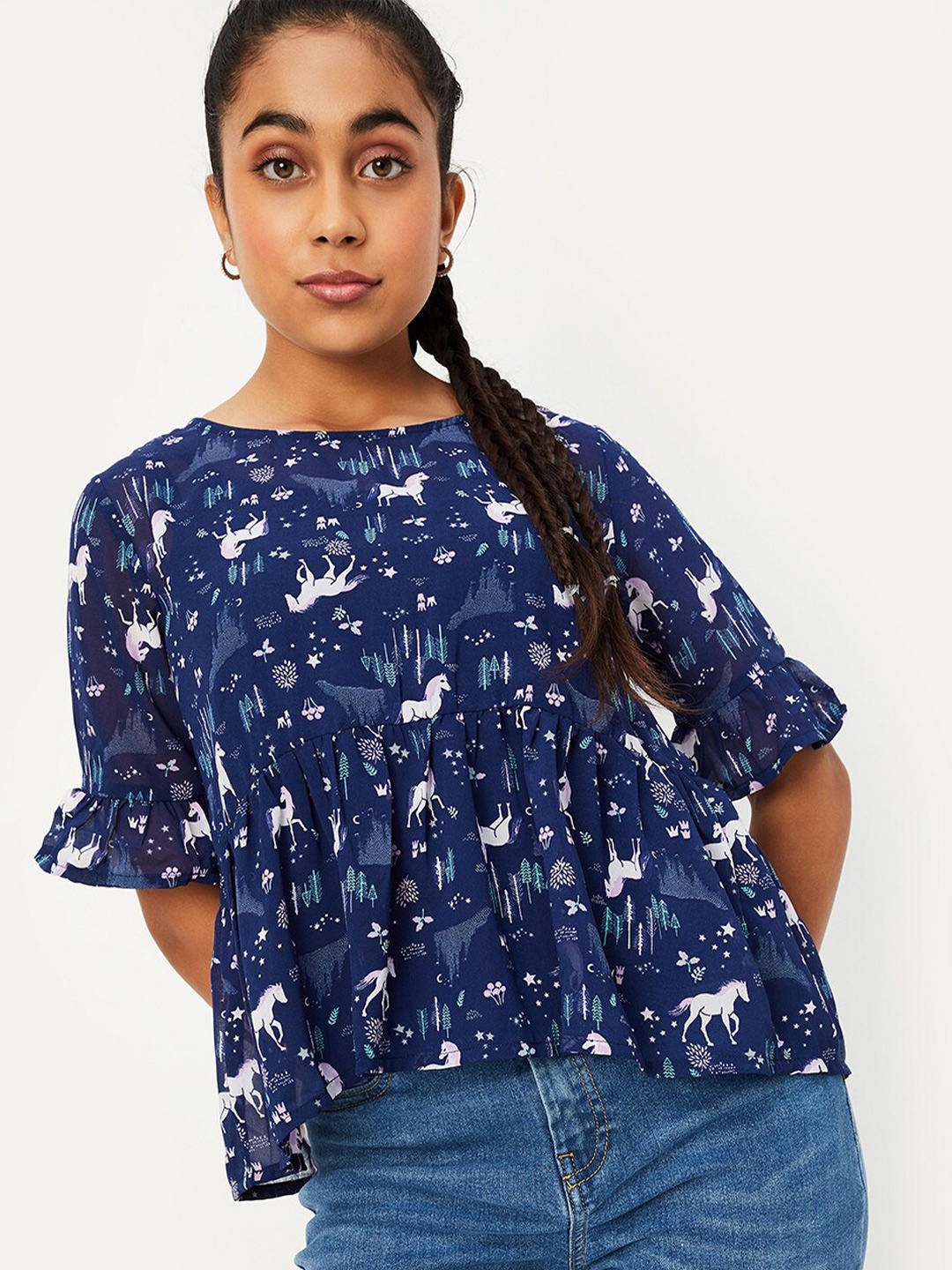 

max Girls Conversational Printed Round Neck Bell Sleeves Peplum Top, Navy blue