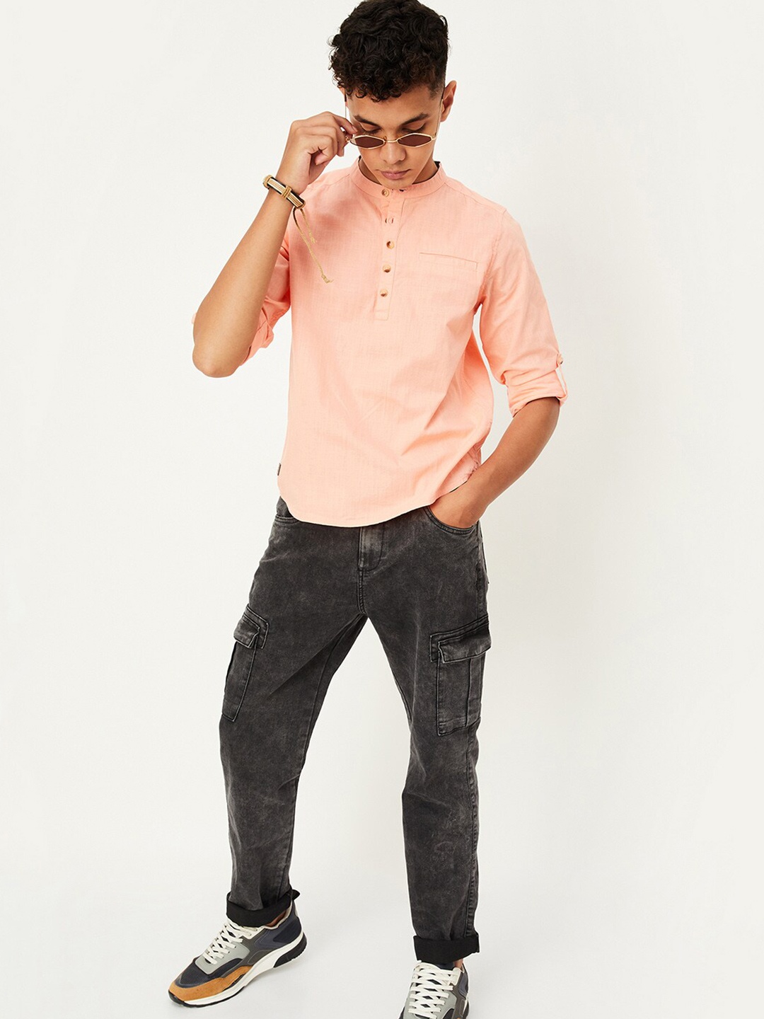 

max Boys Mandarin Collar Cotton Casual Shirt, Orange