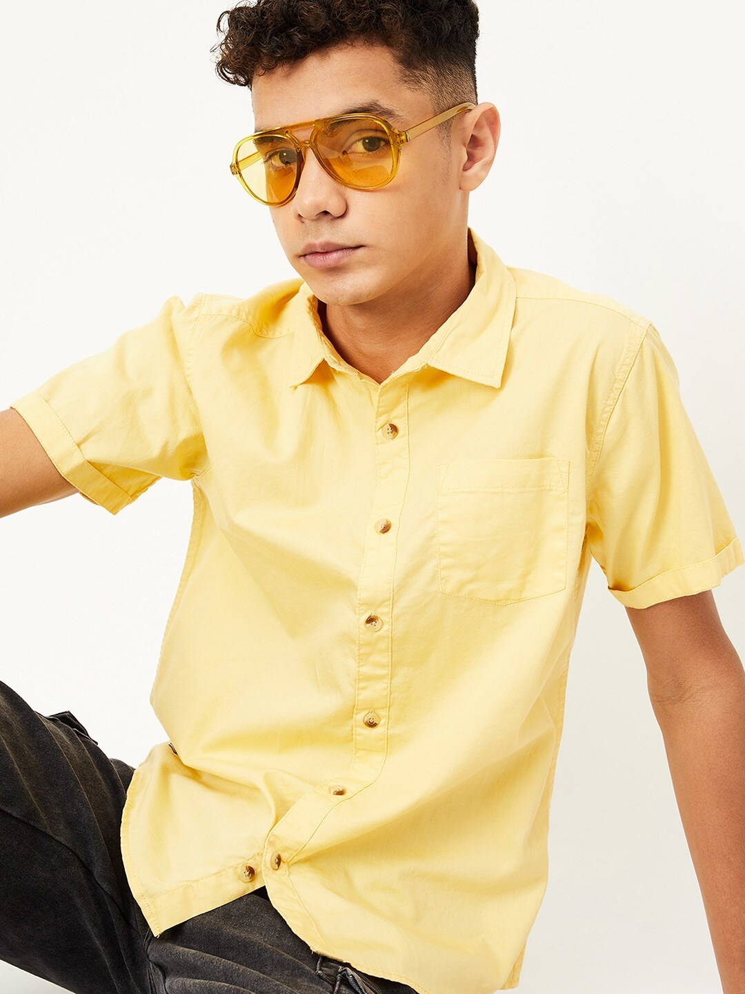 

max Boys Spread Collar Cotton Casual Shirt, Yellow