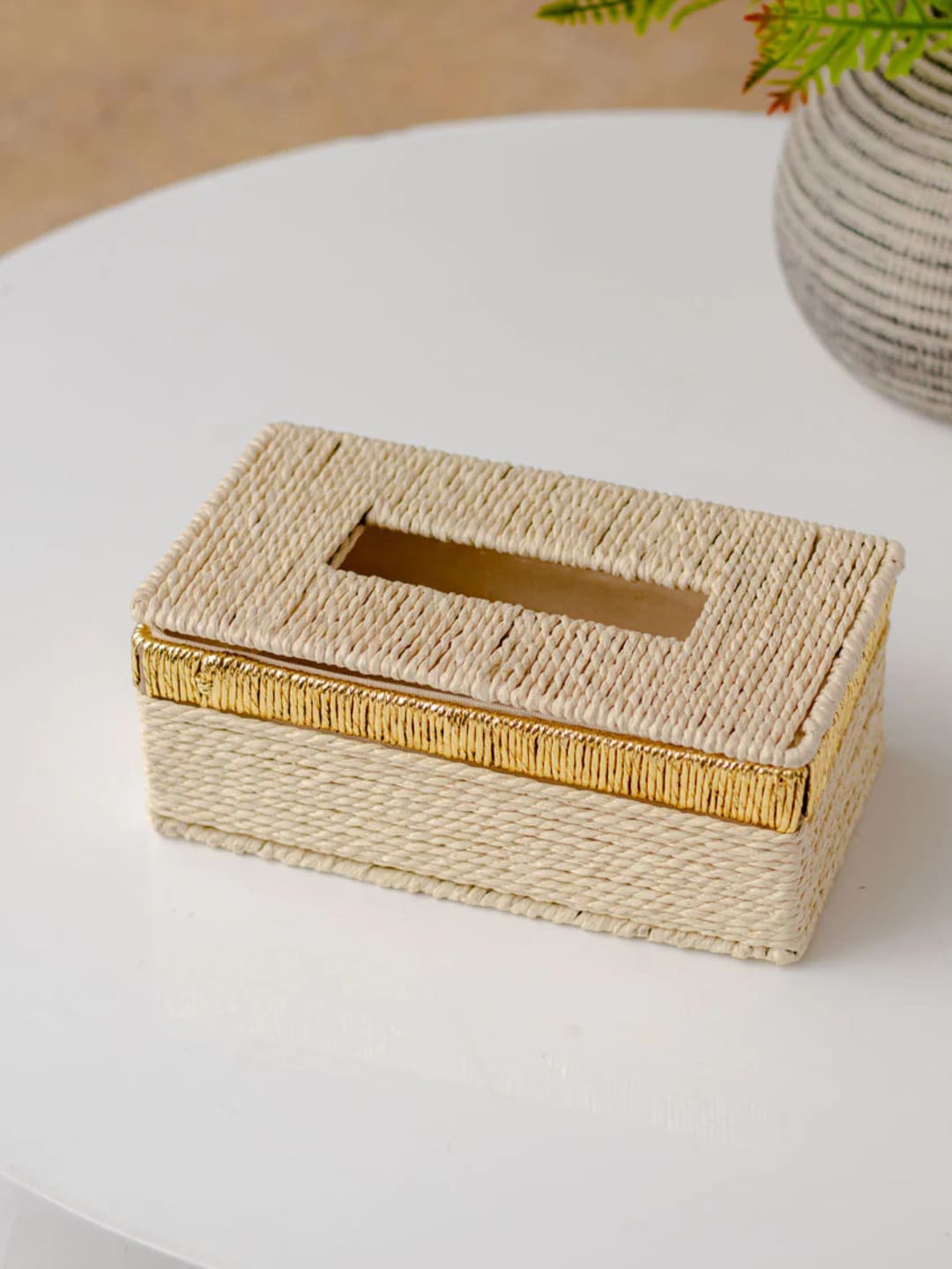 

THEDECORKART Beige & Gold Toned Textured Jute Tissue Holder