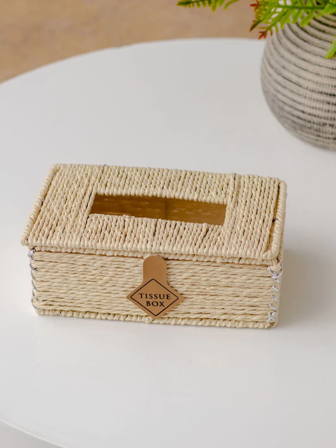 

THEDECORKART Beige Textured Jute Tissue Holder