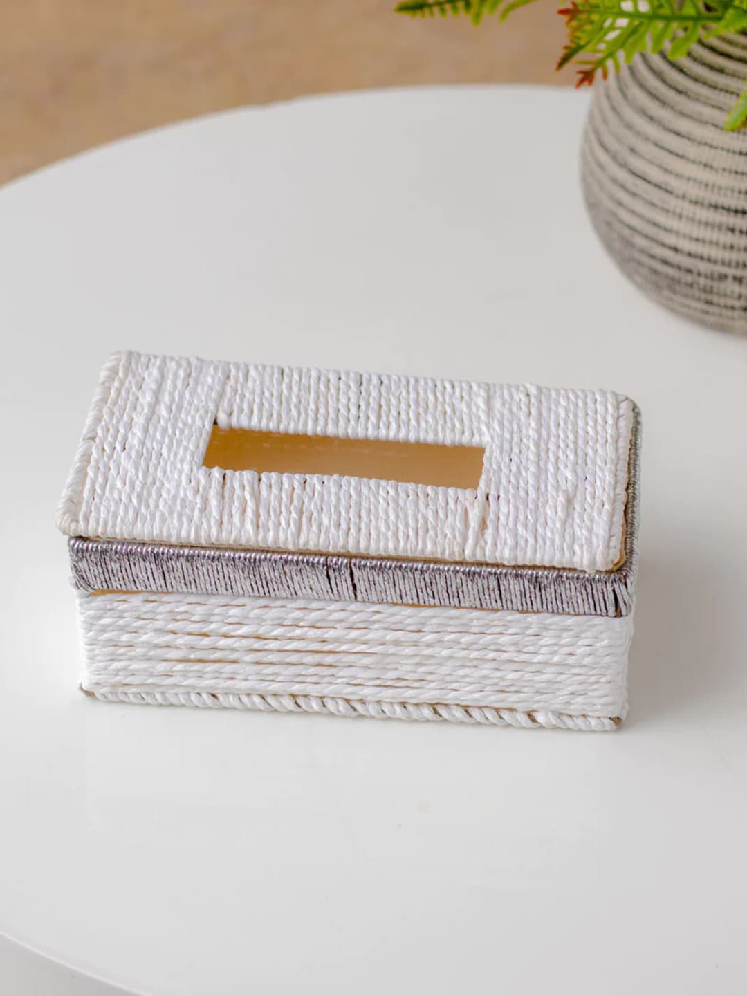 

THEDECORKART White & Grey Textured Jute Tissue Holder